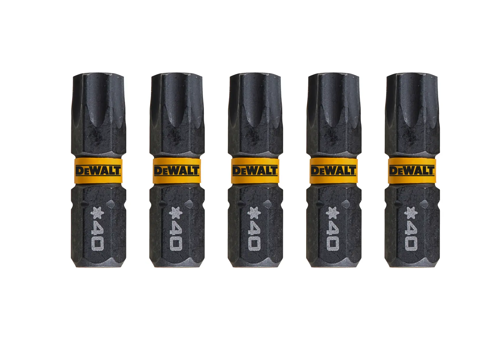 Cinque inserti per avvitatori DEWALT DT7373 neri con fascia gialla, disposti in fila.