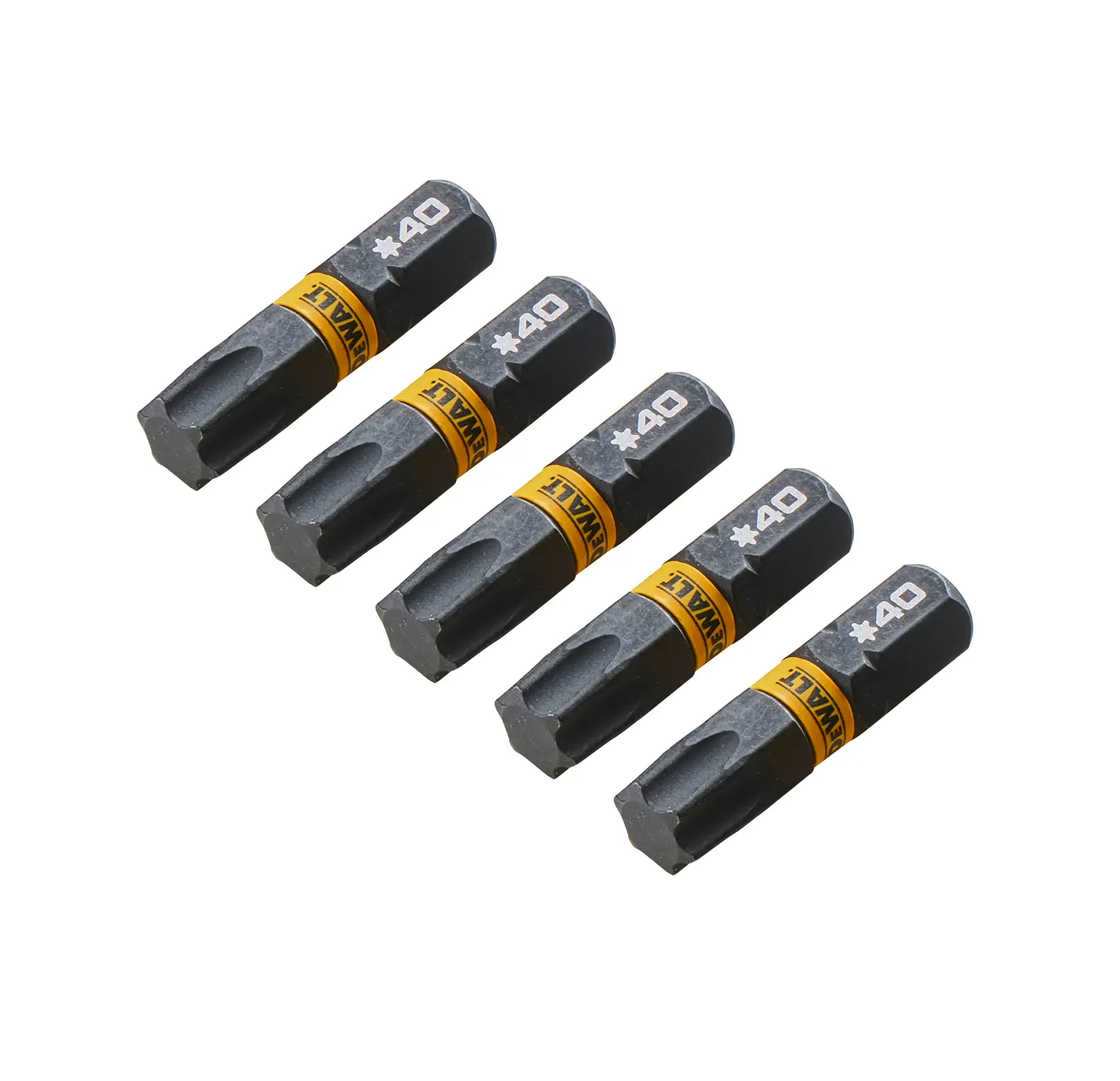 Cinque inserti per cacciavite Torx DEWALT T40 disposti su sfondo bianco.