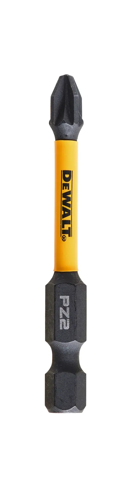 Punta DEWALT PZ2 con gambo giallo, utilizzata per avvitatori e lavori di fissaggio.