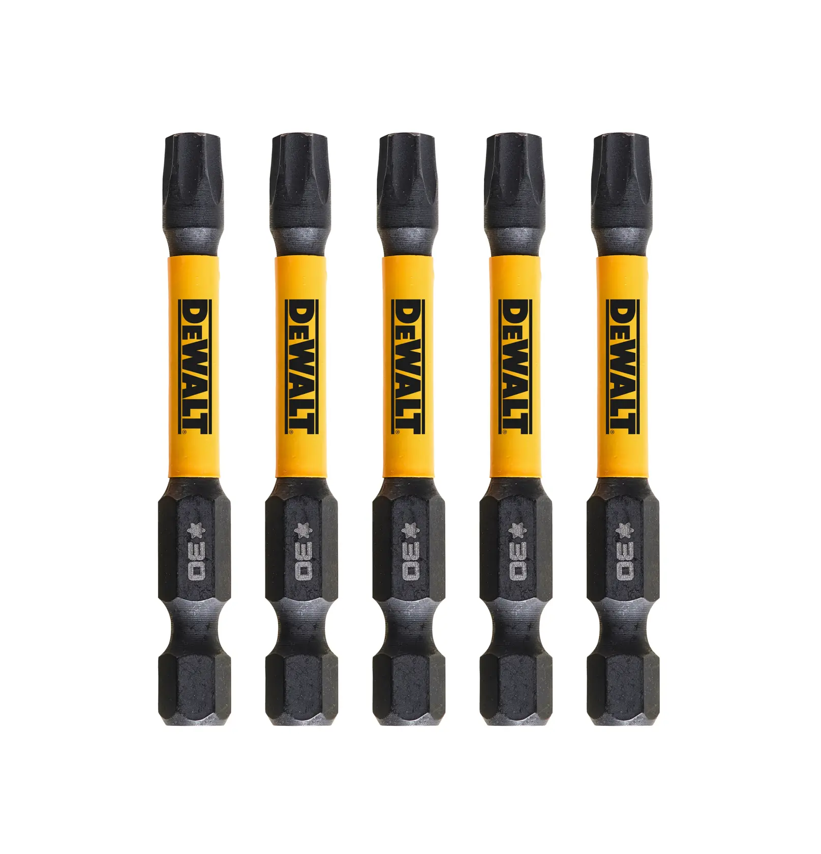 Set di inserti DEWALT, SKU DT7398T-QZ, DT7398T. Cinque inserti gialli e neri per fotografia.