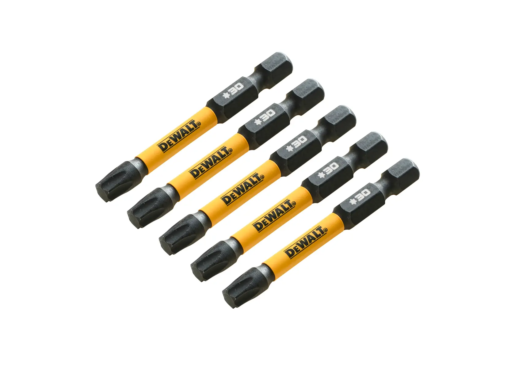 DEWALT photography accessory, bit DT7398T-QZ and DT7398T, black and yellow, isolated on white.