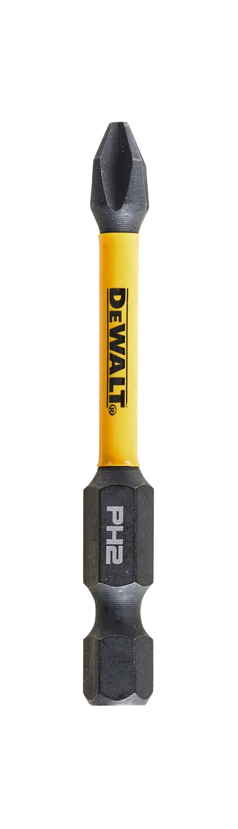 Bit per cacciavite DEWALT PH2 con corpo giallo e estremità nere su sfondo bianco.