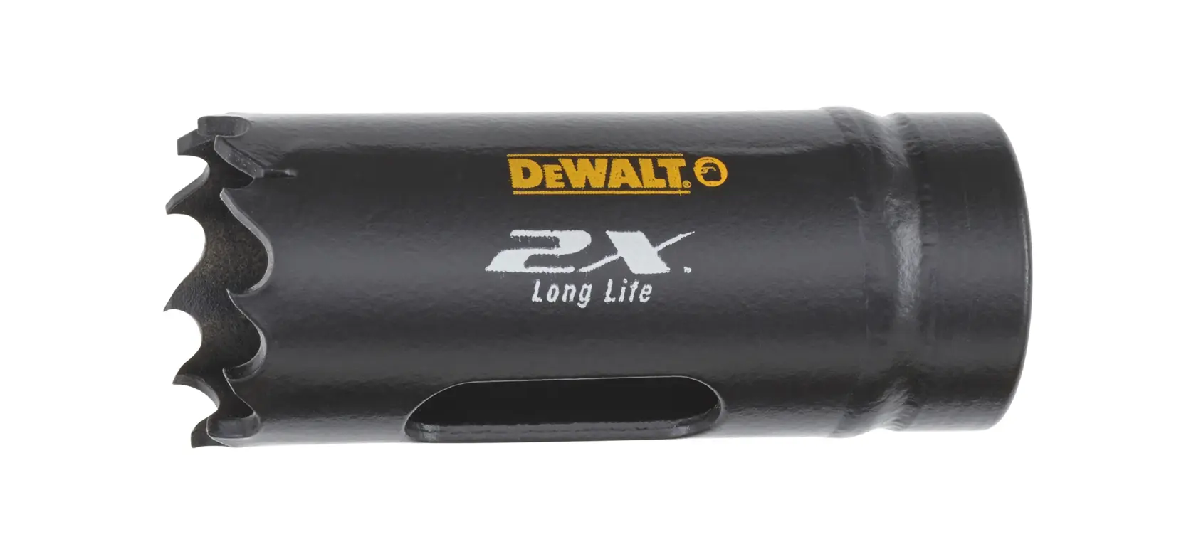 Sega a tazza DEWALT DT8121L nera, denti seghettati, scritta 2X Long Life sul lato.