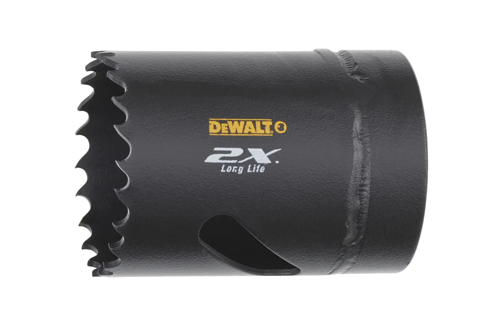 DEWALT DT8138L hole saw with serrated edge and 2X long life branding, black, cylindrical metal tool.