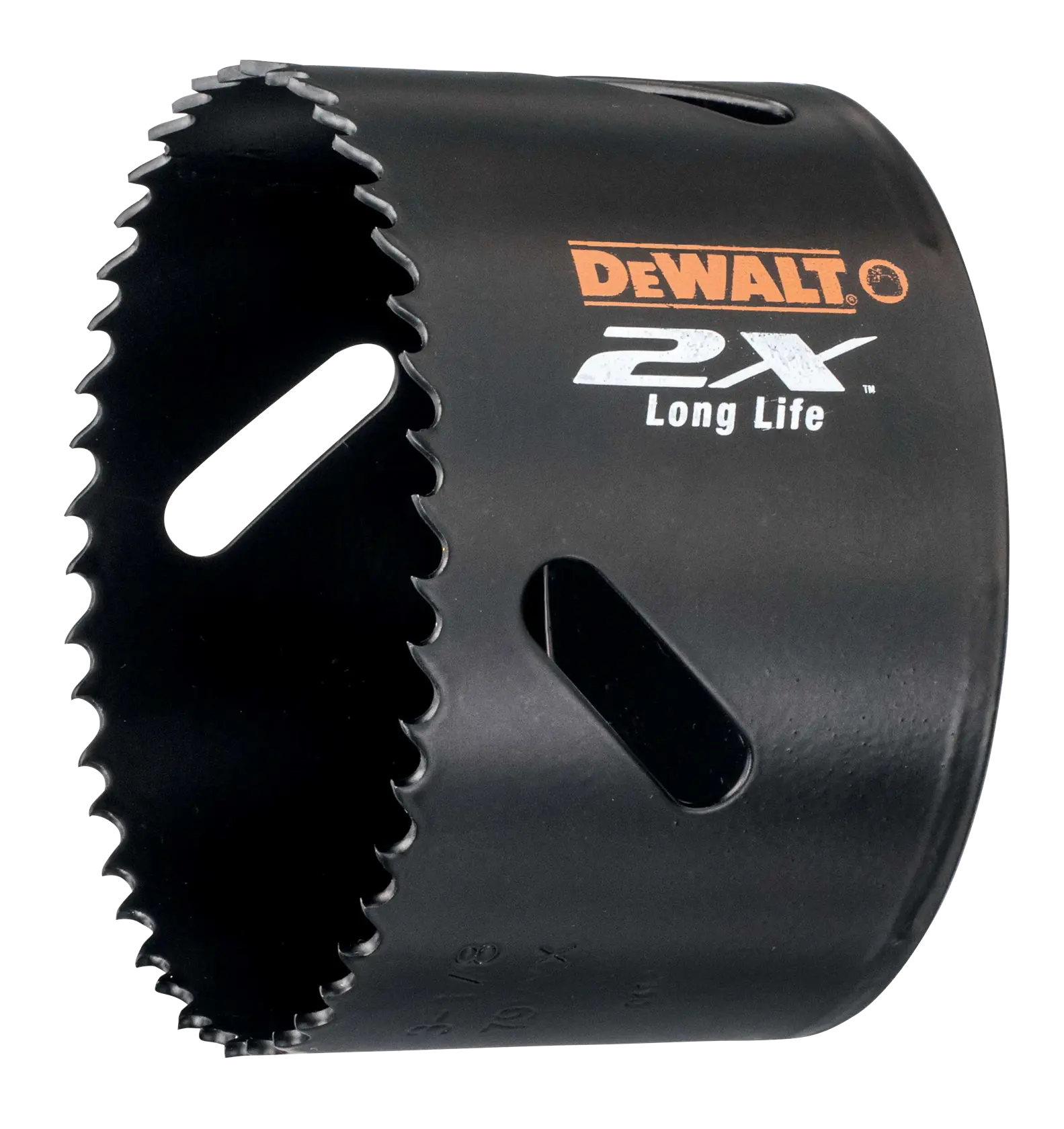 DEWALT DT8167L black hole saw with sharp teeth and 2X Long Life marking, used for drilling.