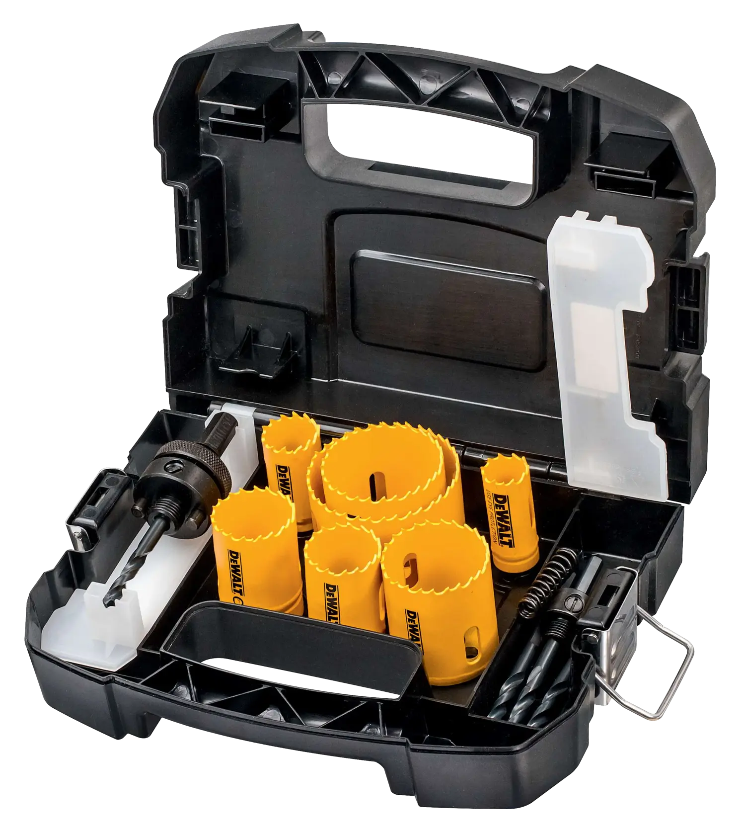 Set di seghe DEWALT in una valigetta nera con lame gialle e punte da trapano, organizzato e portatile.