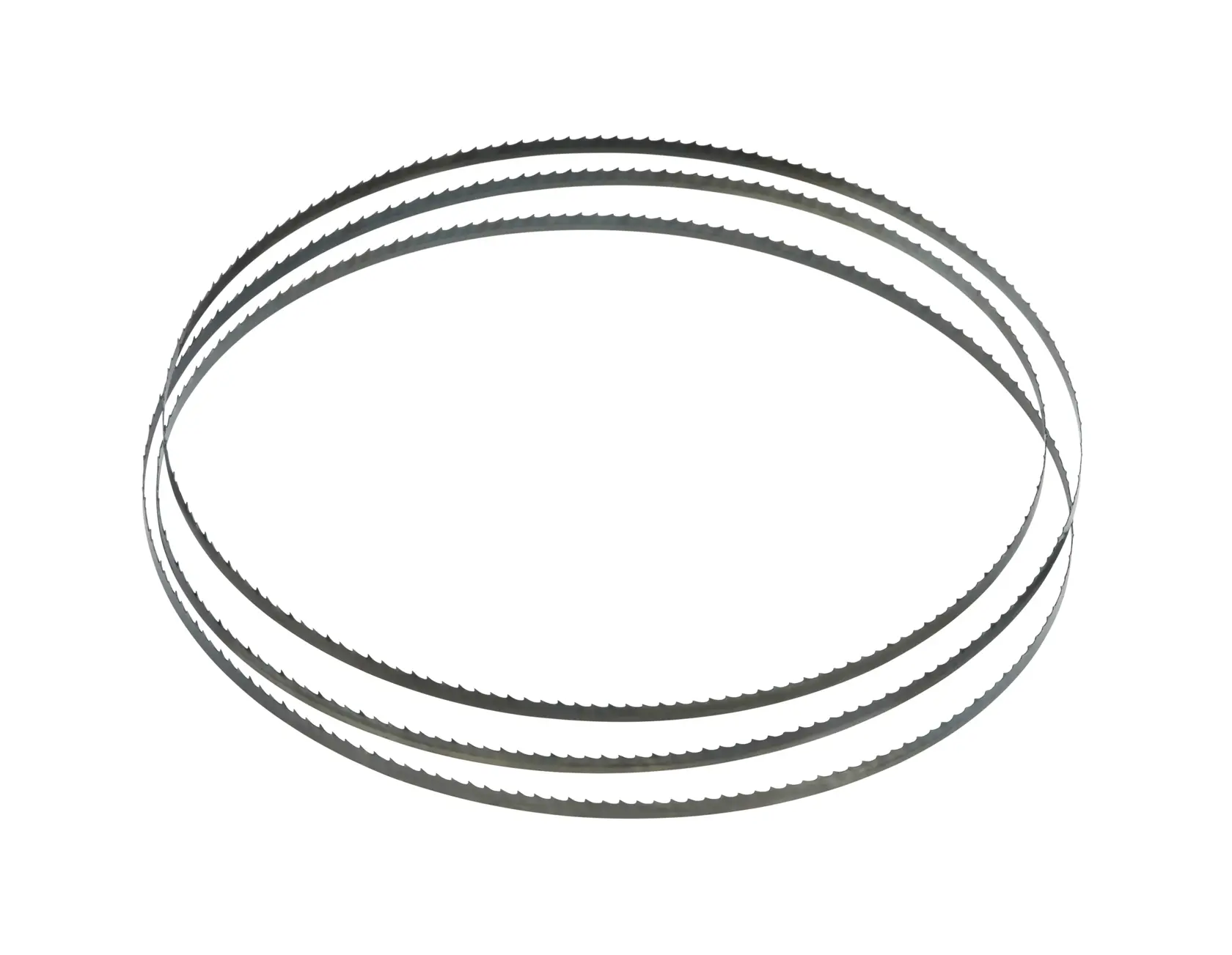 Tre lame per seghe a nastro in metallo disposte in forma circolare su uno sfondo bianco.