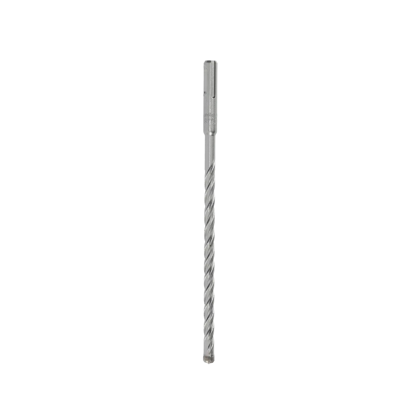 Punta per cemento DEWALT DT8966 SDS-plus argentata con scanalature a spirale su sfondo bianco.