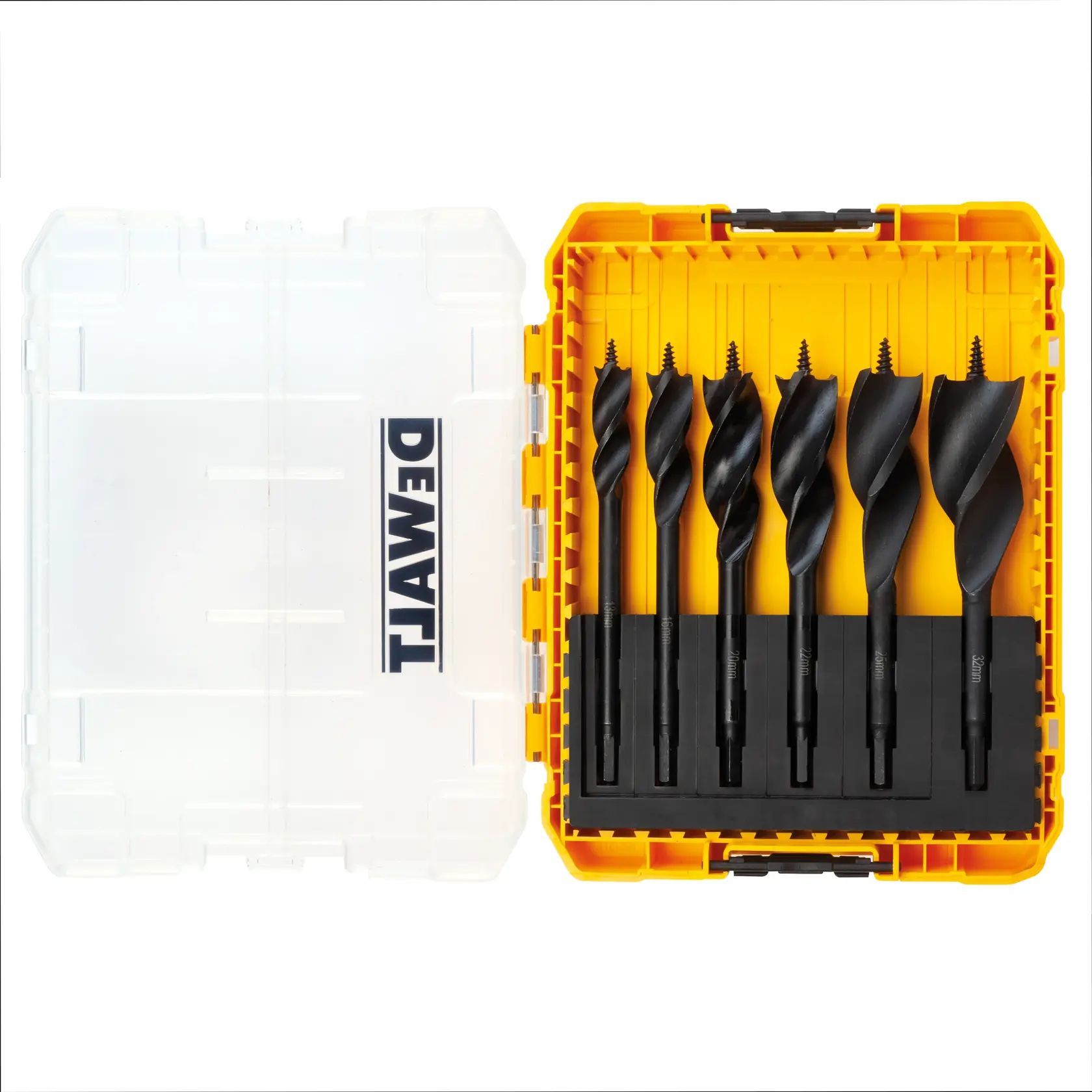 Set di punte DEWALT in custodia gialla e trasparente; sei punte nere ordinate.