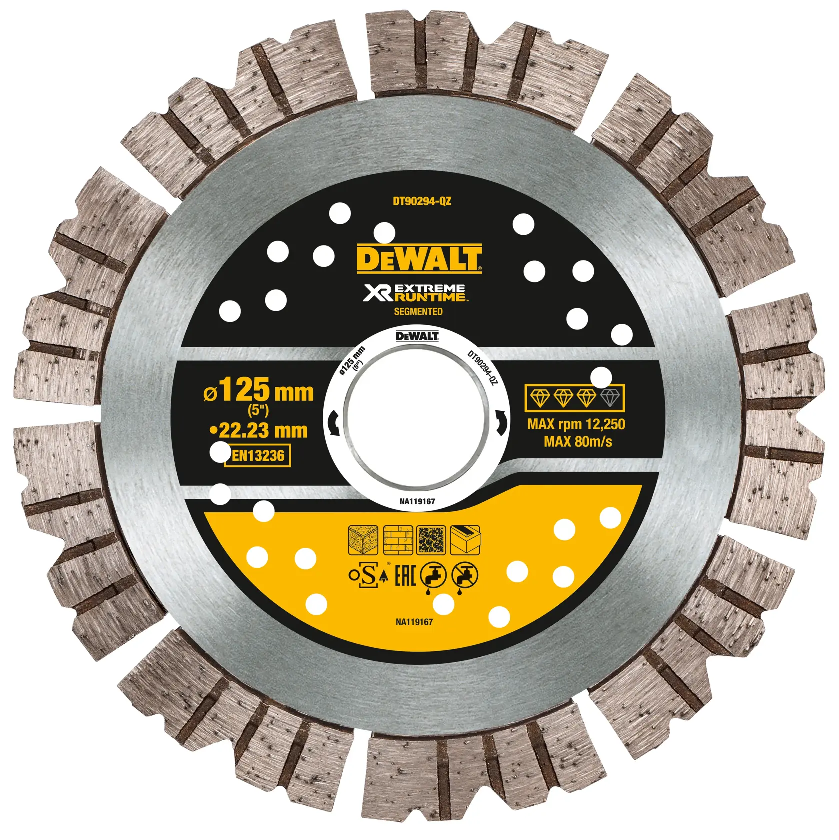 Logo DEWALT centrato su sfondo bianco.
