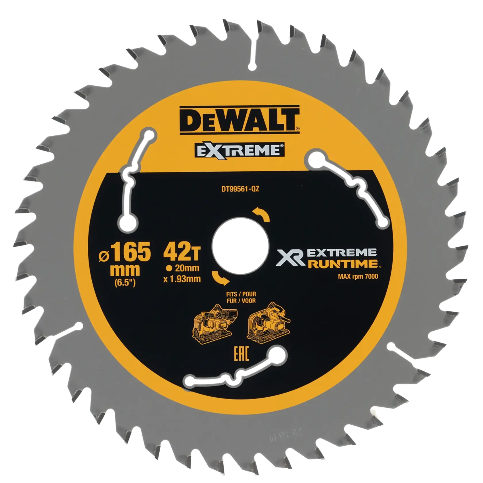 Lama per sega circolare DEWALT DT99561, diametro 165 mm con 42 denti, progettata per una durata estrema e compatibile con modelli specifici di seghe. L'etichetta è gialla e nera con specifiche tecniche e illustrazioni.