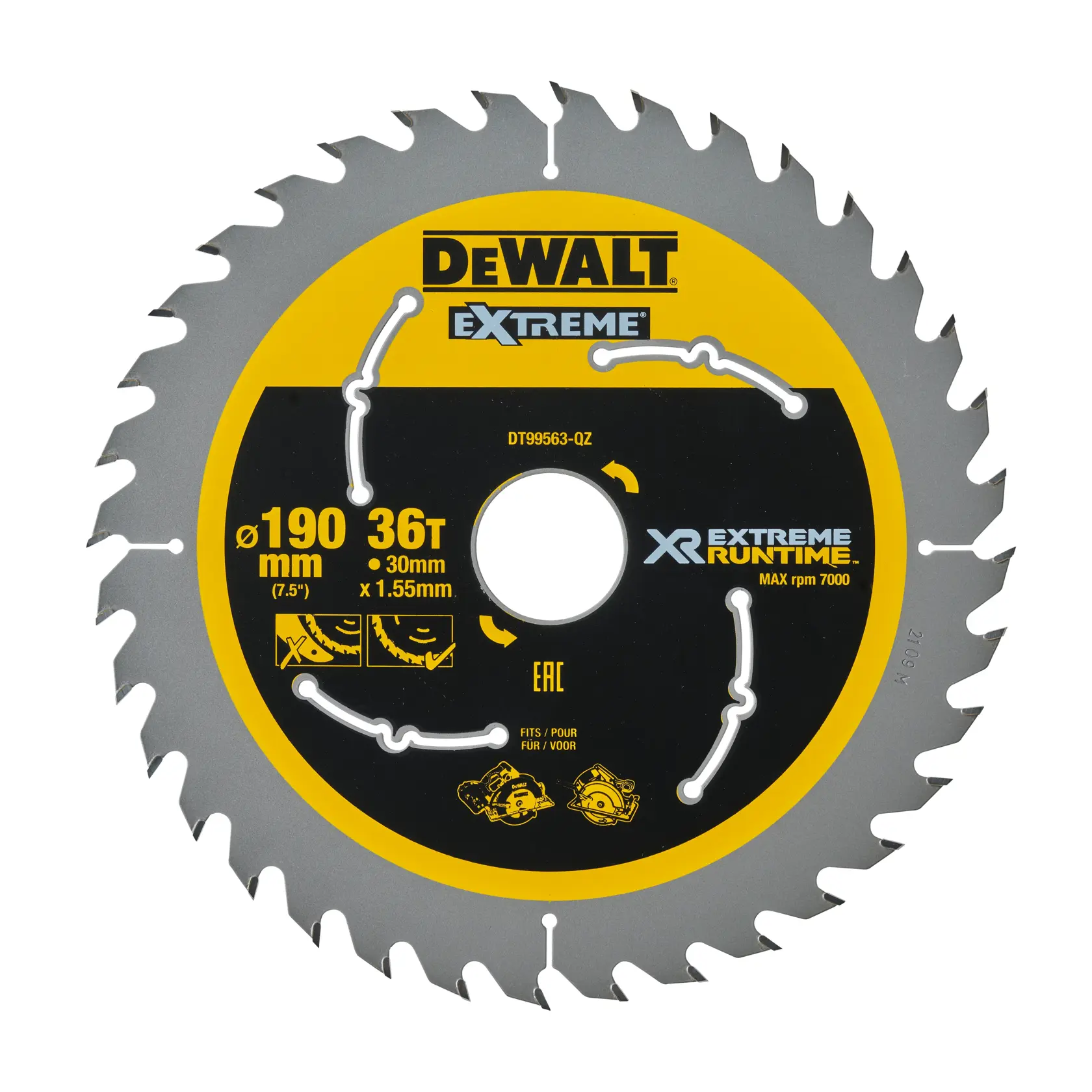 Lama circolare DEWALT Extreme 190mm 36T per legno con denti argentati e centro giallo-nero, DT99563.