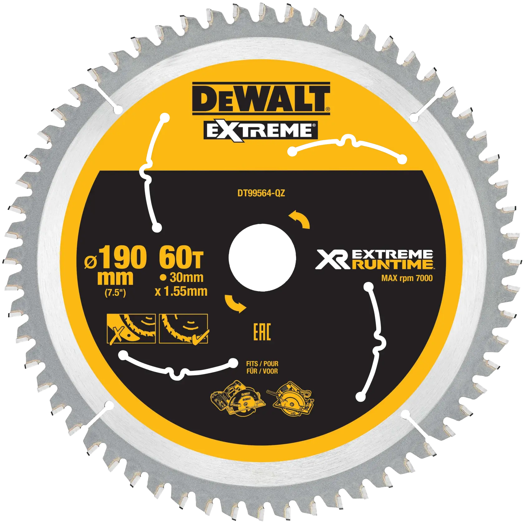 Lama DEWALT DT99564 XR Extreme Runtime, 190 mm, 60 denti, per seghe circolari.