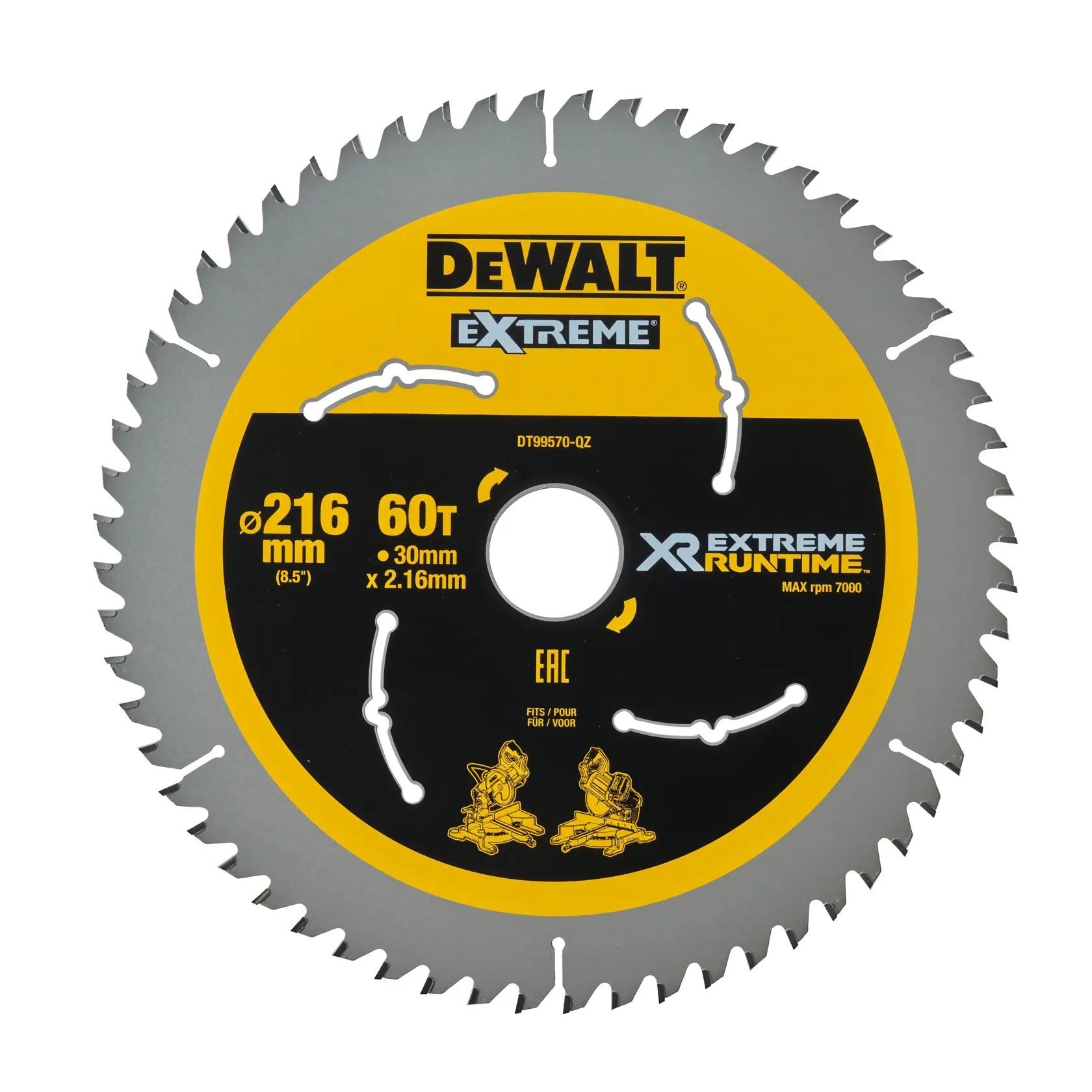 Lama per sega circolare DEWALT DT99570 con 60 denti, diametro di 216 mm e foro da 30 mm, progettata per un'estrema autonomia XR e alte prestazioni, con marchio e specifiche in giallo e nero sul fronte.