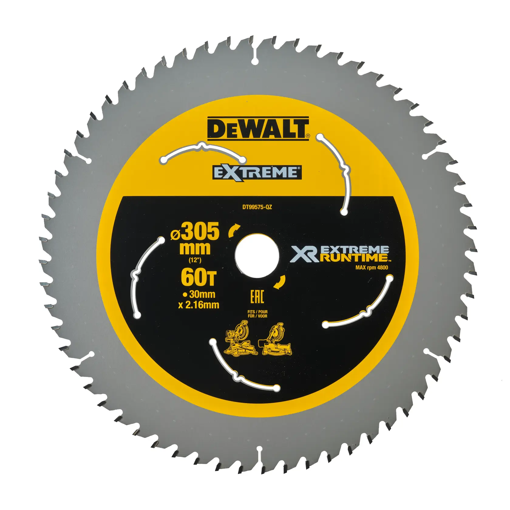 Lama circolare DEWALT Extreme XR con 60 denti, diametro di 305 mm e dimensioni di 30 mm x 2,16 mm. La lama è argentata con centro giallo e nero, adatta per la lavorazione del legno e seghe elettriche.