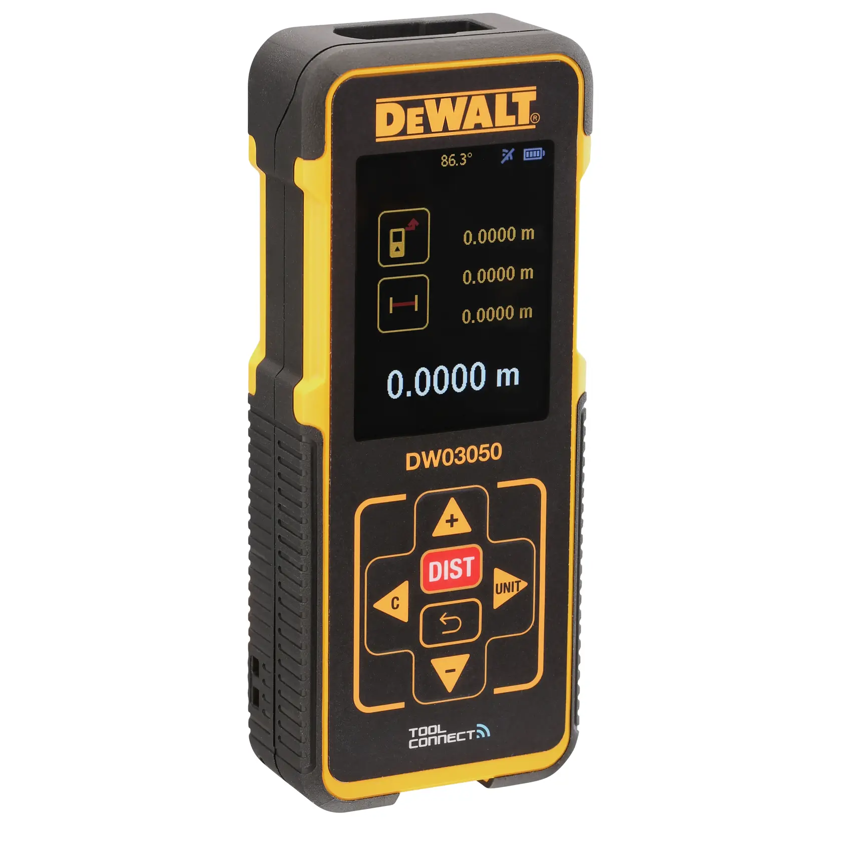 Un misuratore di distanza laser digitale DEWALT DW03050 con design nero e giallo, display digitale che mostra le misure in metri e vari pulsanti di controllo, incluso uno con l’etichetta 'DIST'.