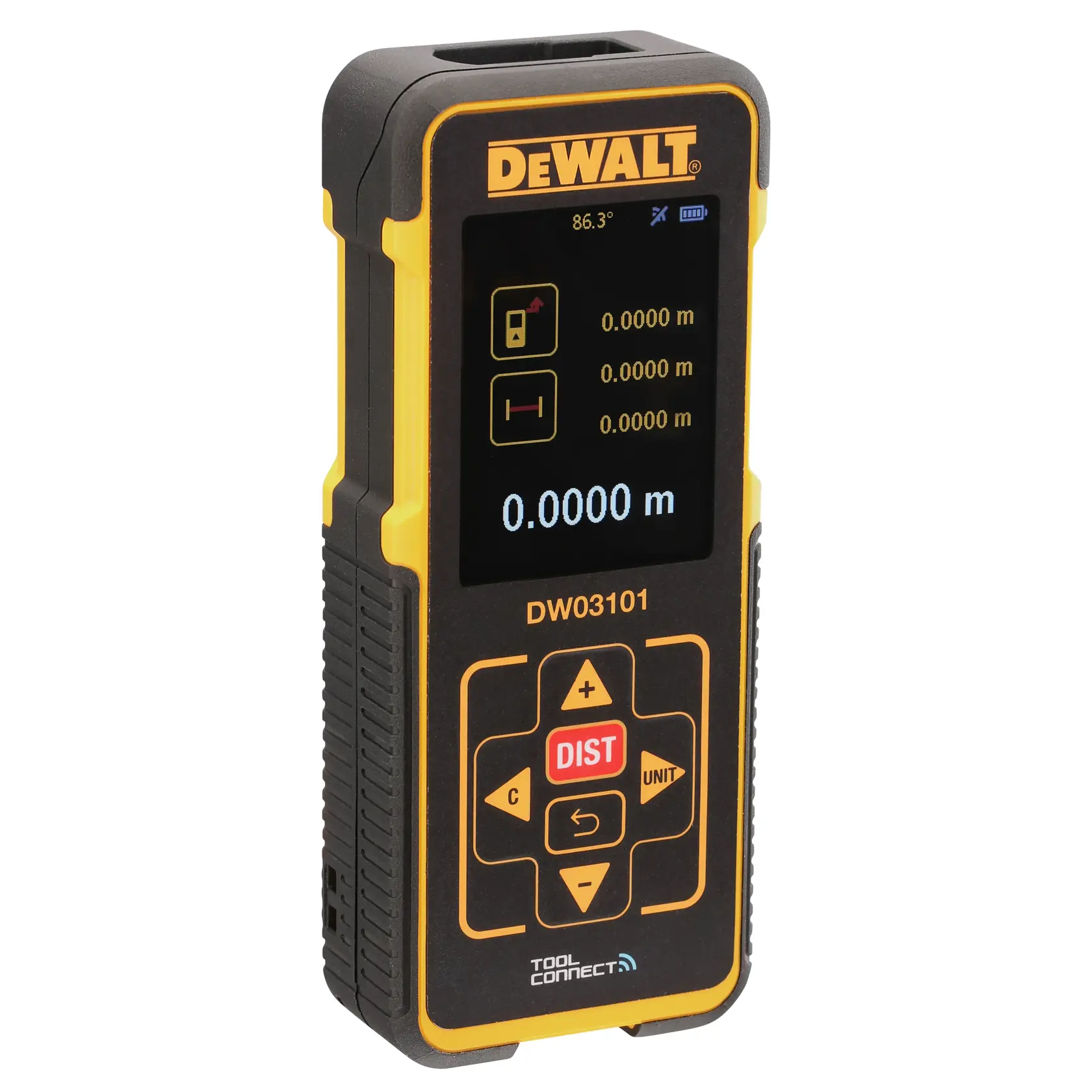 Un misuratore di distanza laser DEWALT DW03101 con schermo digitale, struttura nera e gialla e pulsanti di controllo per misurare la distanza.