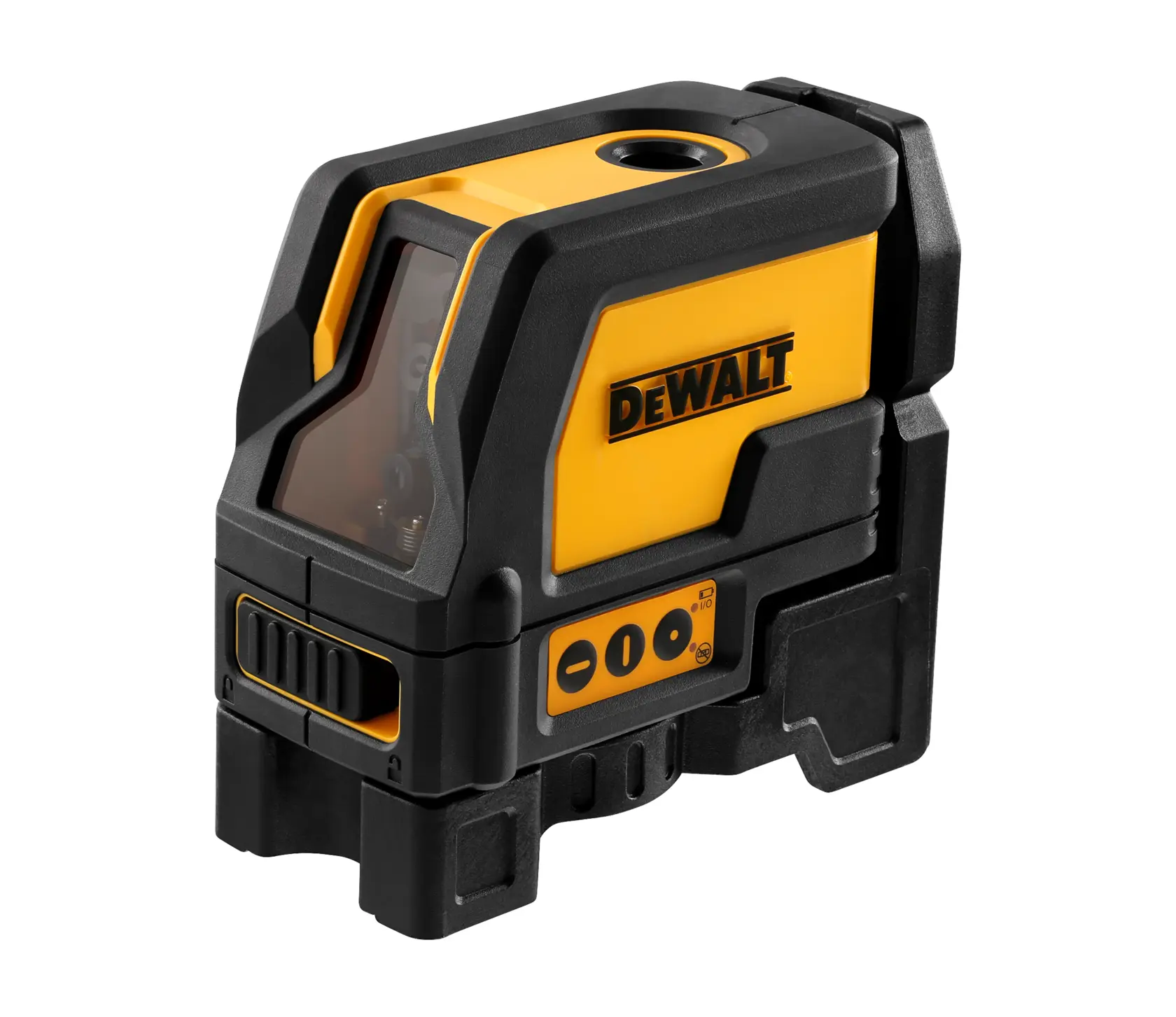 A person is using a DEWALT laser level device to measure and align metal framing on a construction site floor.