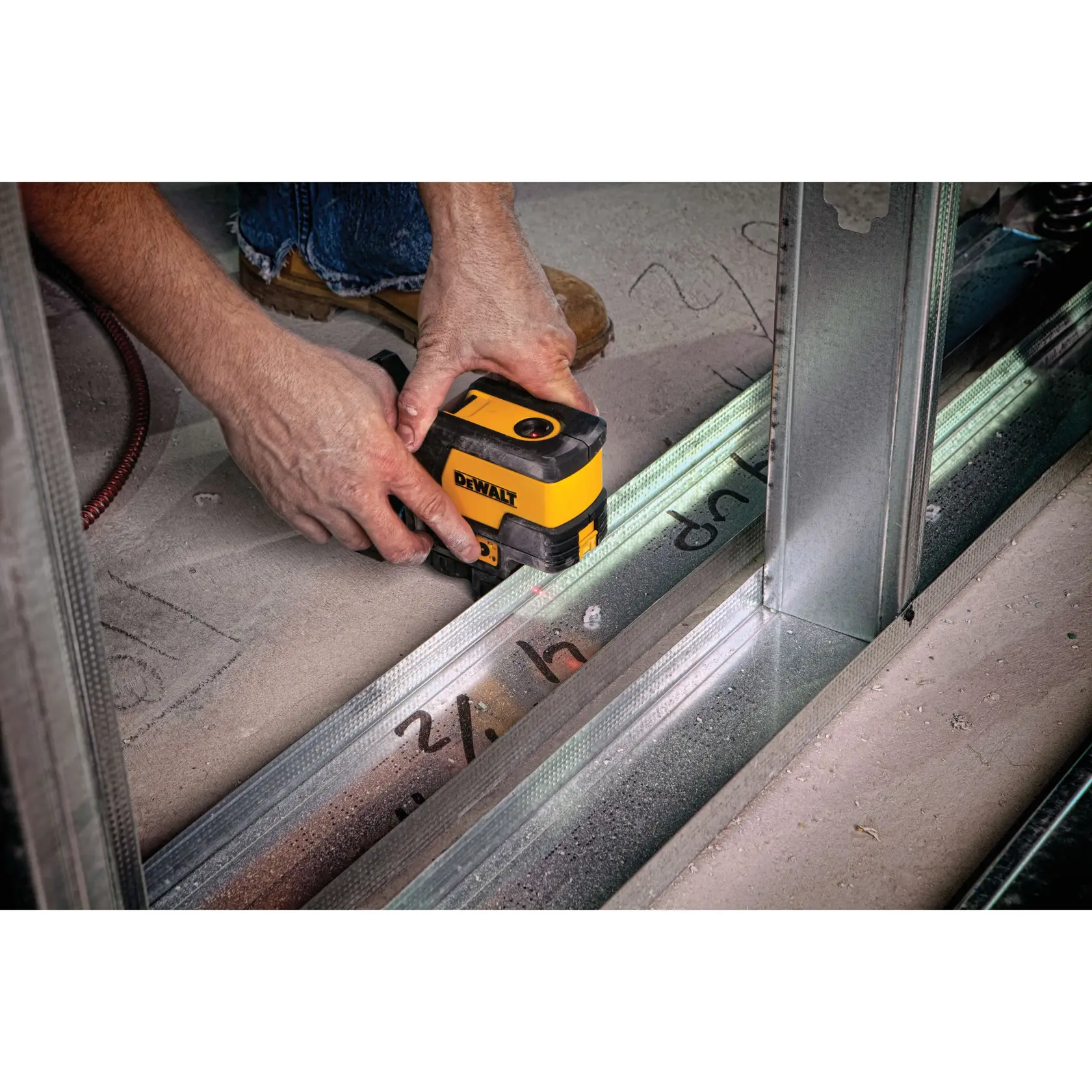 DEWALT DW0822 line laser tool in yellow and black for leveling and alignment tasks.