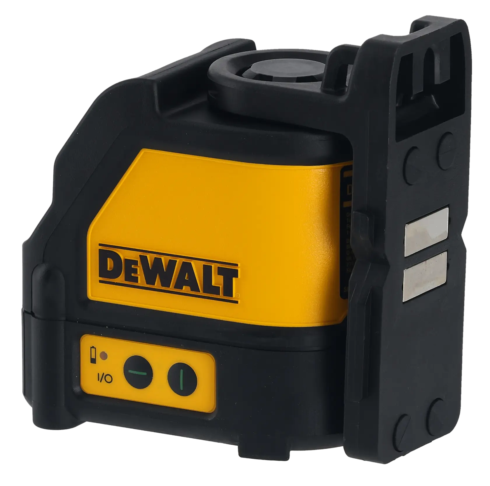 A DEWALT DW088CG green cross line laser level device with a yellow and black rugged casing, showing control buttons and the DEWALT logo on the side.