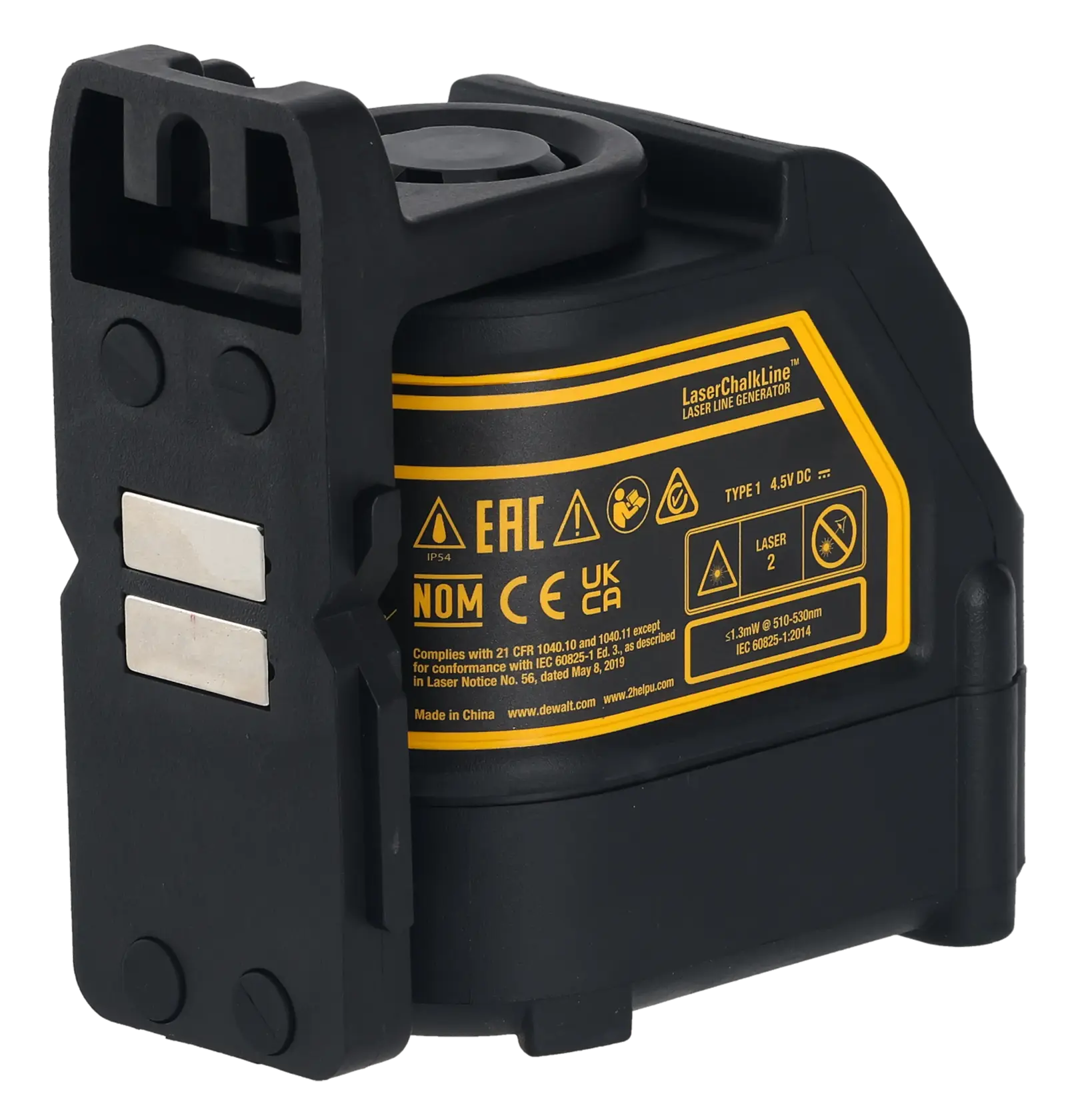 A DEWALT DW088CG laser line generator with a sturdy black and yellow casing, visible control panel and warning stickers, used for precise alignment in photography and construction applications.