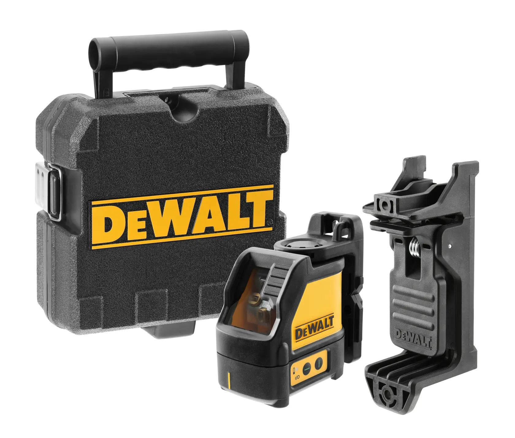 A DEWALT DW088CG cross line laser level device, featuring a yellow and black exterior with control buttons and the DEWALT logo on the side. The tool is used for precision leveling and alignment in construction and photography applications.