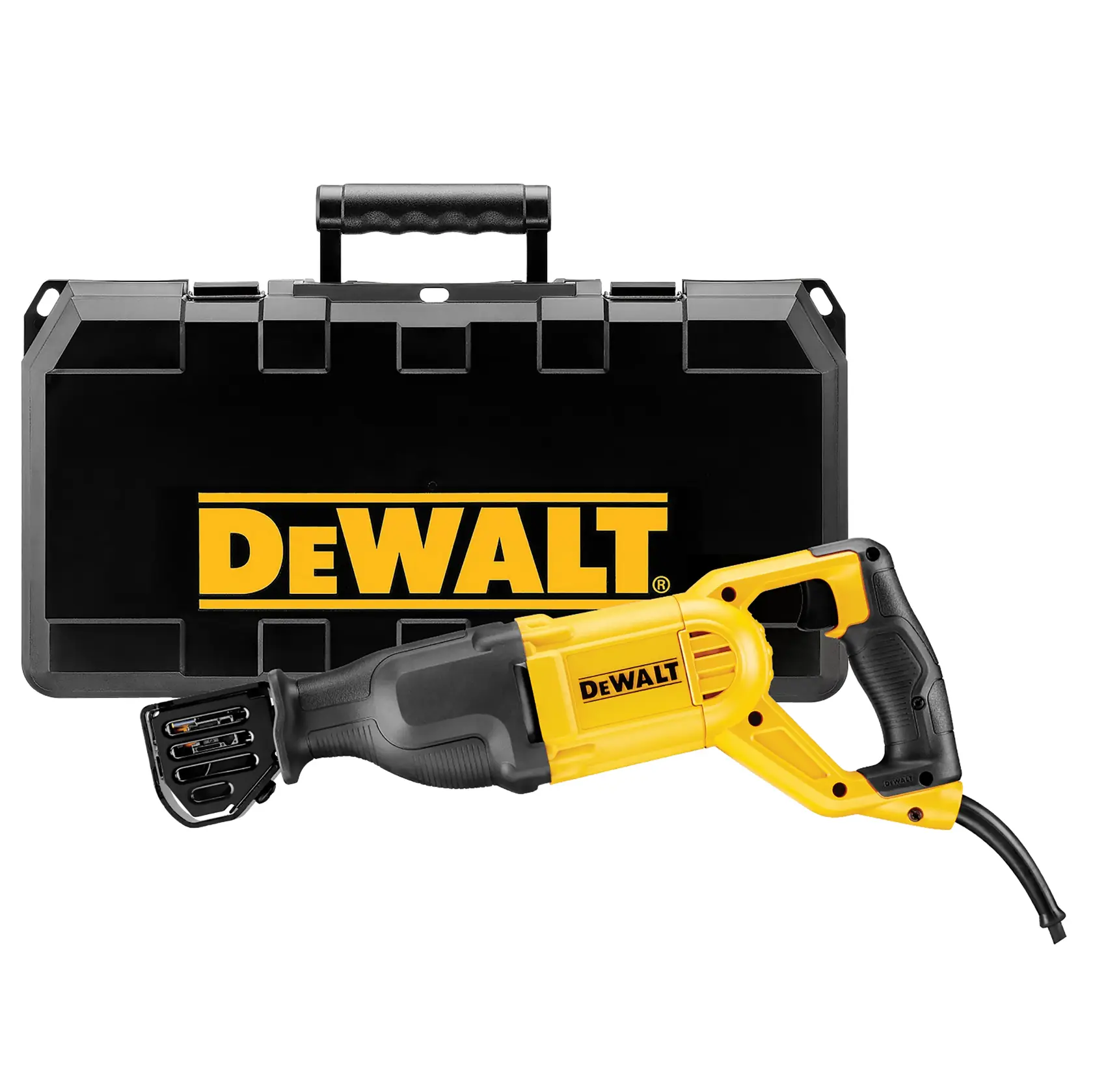 Sega reciproca DEWALT gialla e nera con valigetta nera.