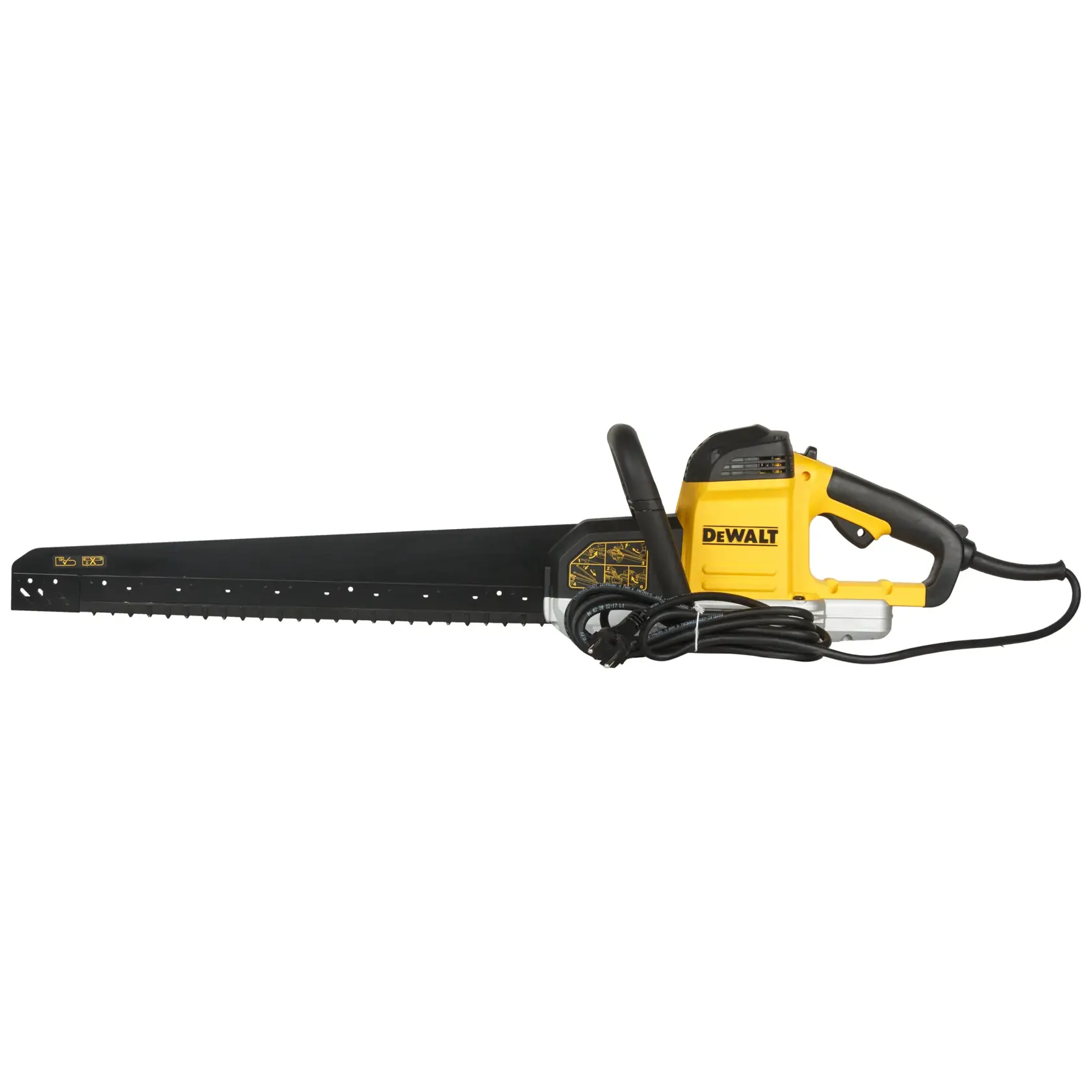 Sega elettrica DEWALT DWE397-QS con lama lunga nera e manico giallo su sfondo bianco.