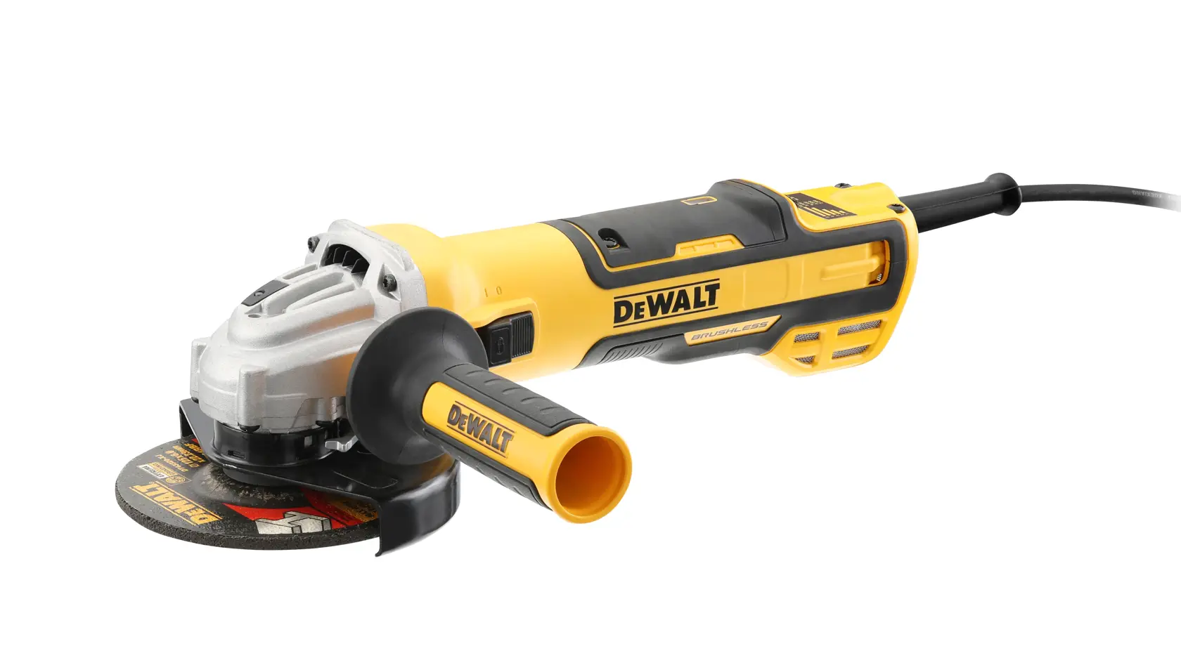 Una smerigliatrice angolare DEWALT, modello DWE4357, mostrata su sfondo bianco. L’utensile è giallo e nero con impugnatura laterale e disco abrasivo visibile. È alimentato a cavo ed è progettato per lavori professionali di costruzione o lavorazione dei metalli.