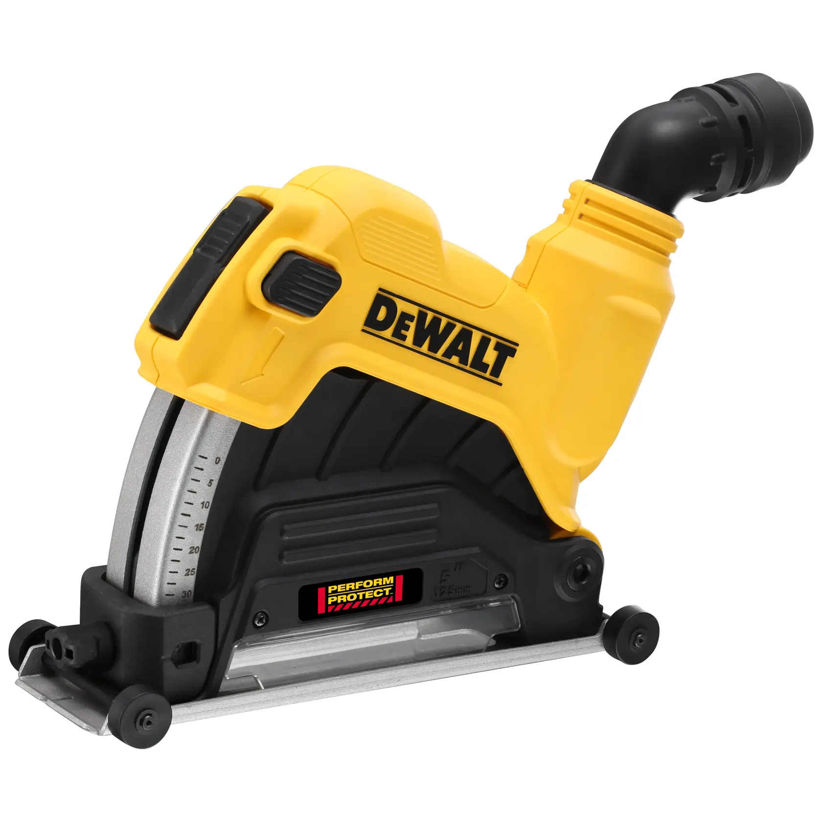 Un utensile elettrico a marchio DEWALT, specificamente una copertura antipolvere per smerigliatrice angolare, dal design giallo e nero e con la scritta 'Perform Protect'.