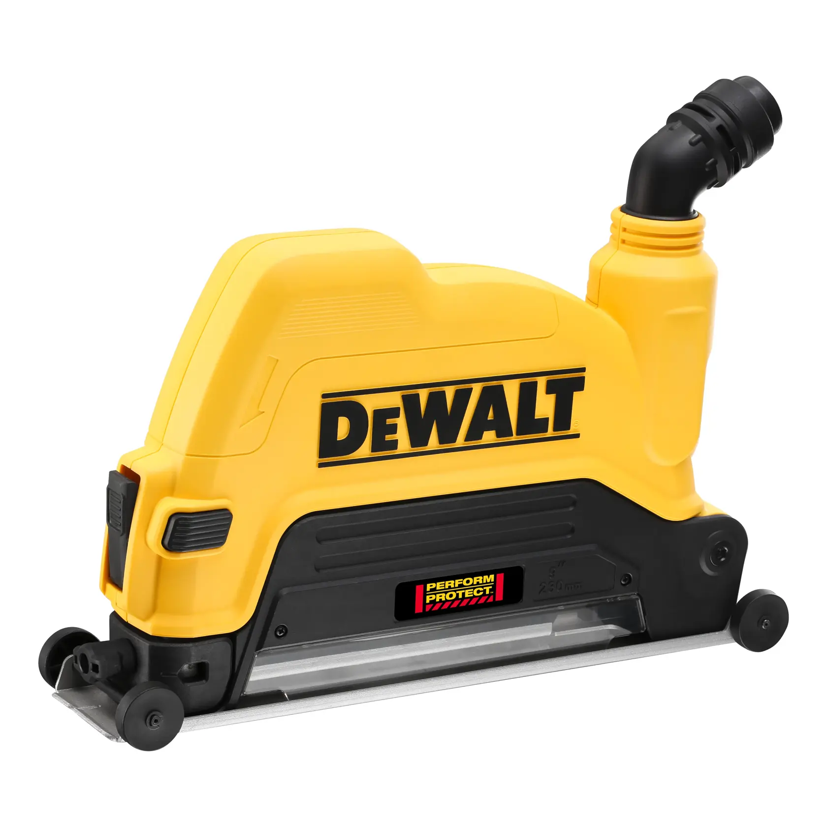 Cuffia antipolvere DEWALT gialla per fotografia, etichetta Perform Protect nera e uscita angolata.