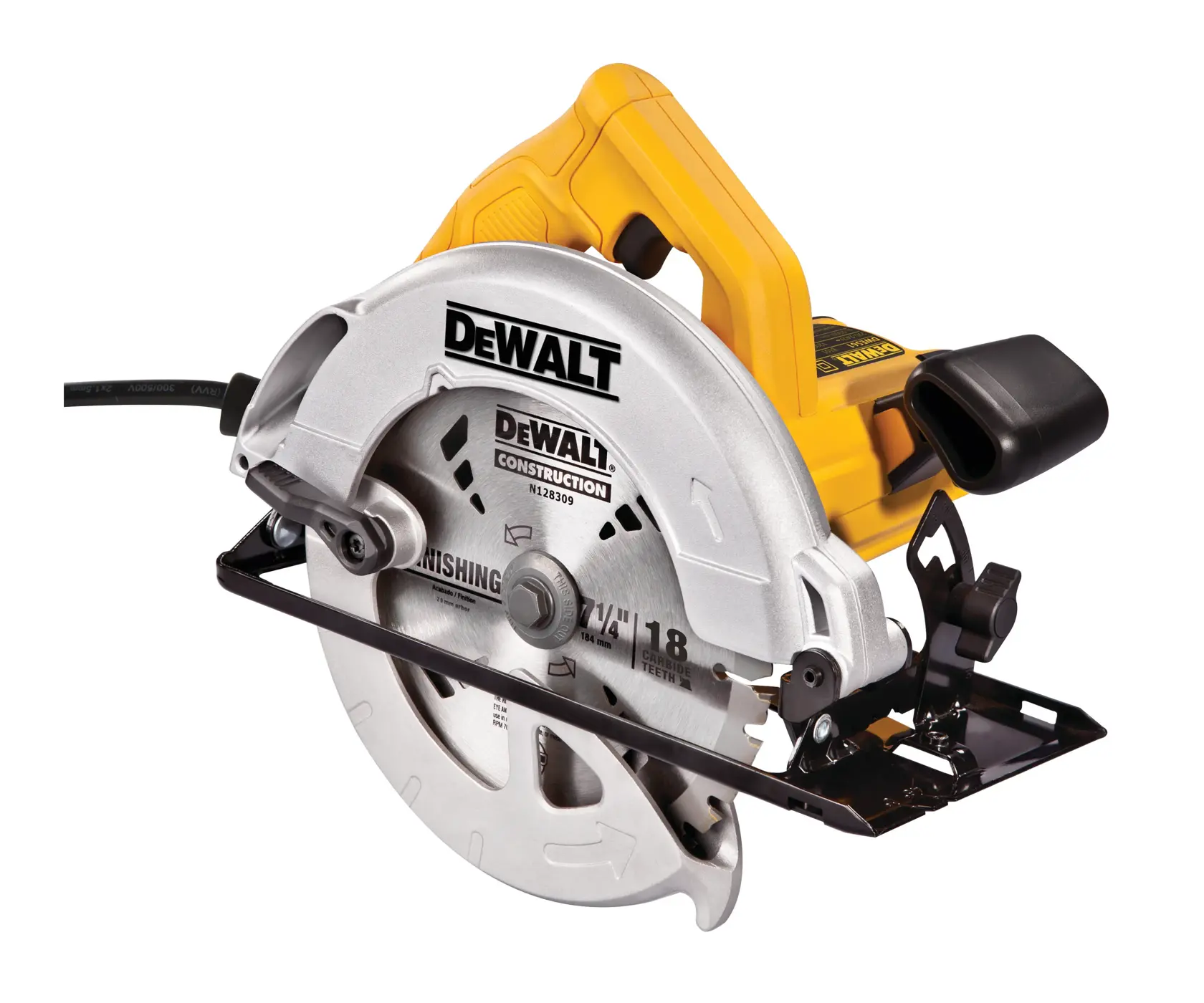 Sega circolare DEWALT DWE560 con impugnatura gialla e lama argento su sfondo bianco.