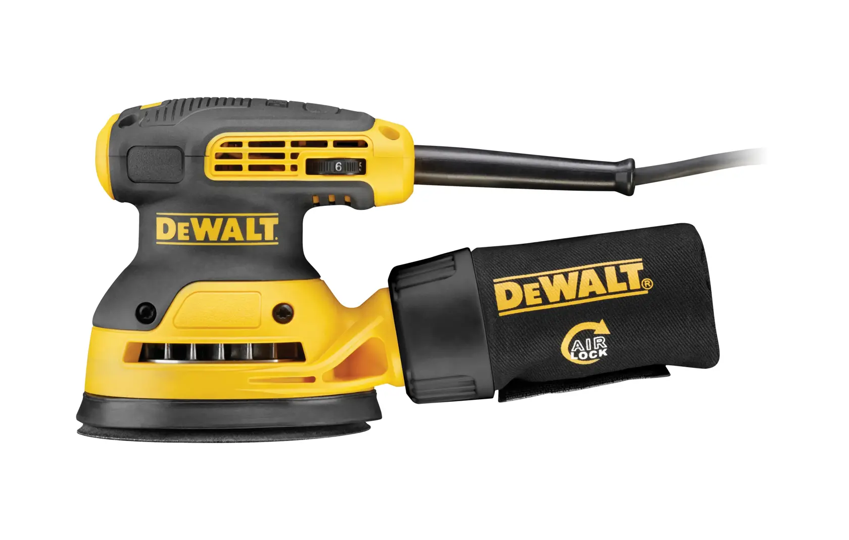 Foto della levigatrice orbitale DEWALT DWE6423 gialla e nera con sacchetto raccoglipolvere, vista laterale.