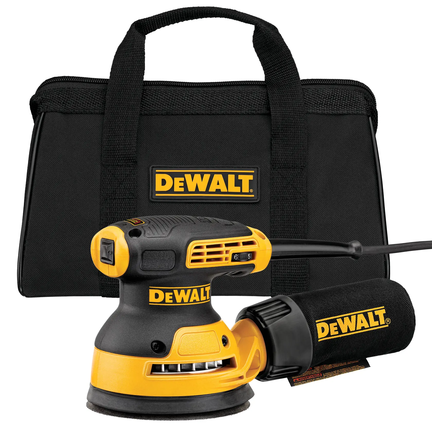 A DEWALT branded power sander with a dust collection bag and a black carrying case, both featuring the DEWALT logo.