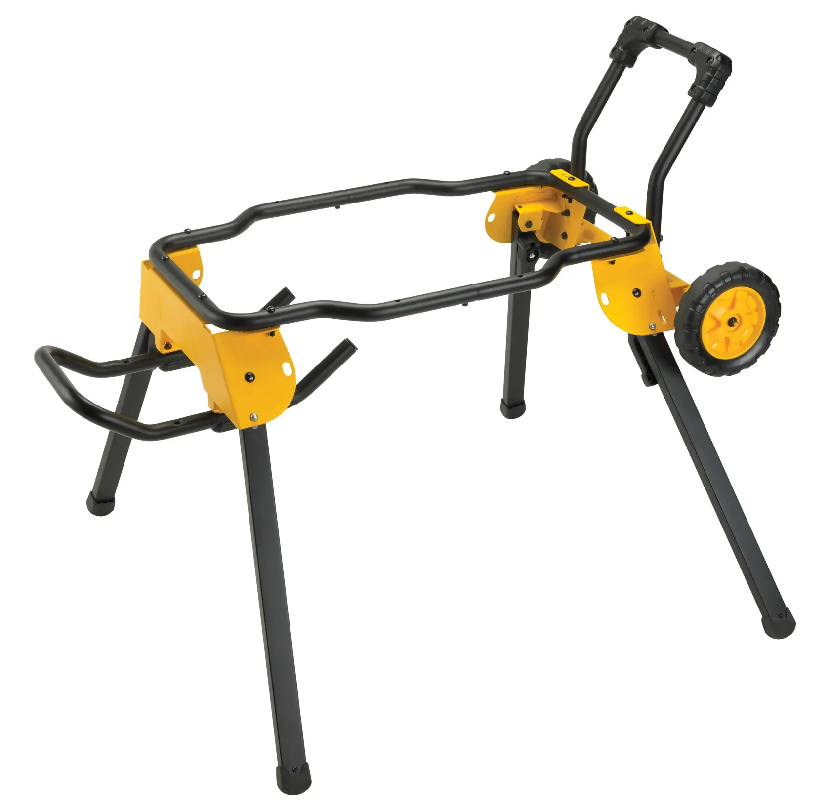 Un supporto portatile per sega DEWALT con struttura gialla e nera, dotato di ruote e gambe pieghevoli, progettato per sostenere seghe da banco.