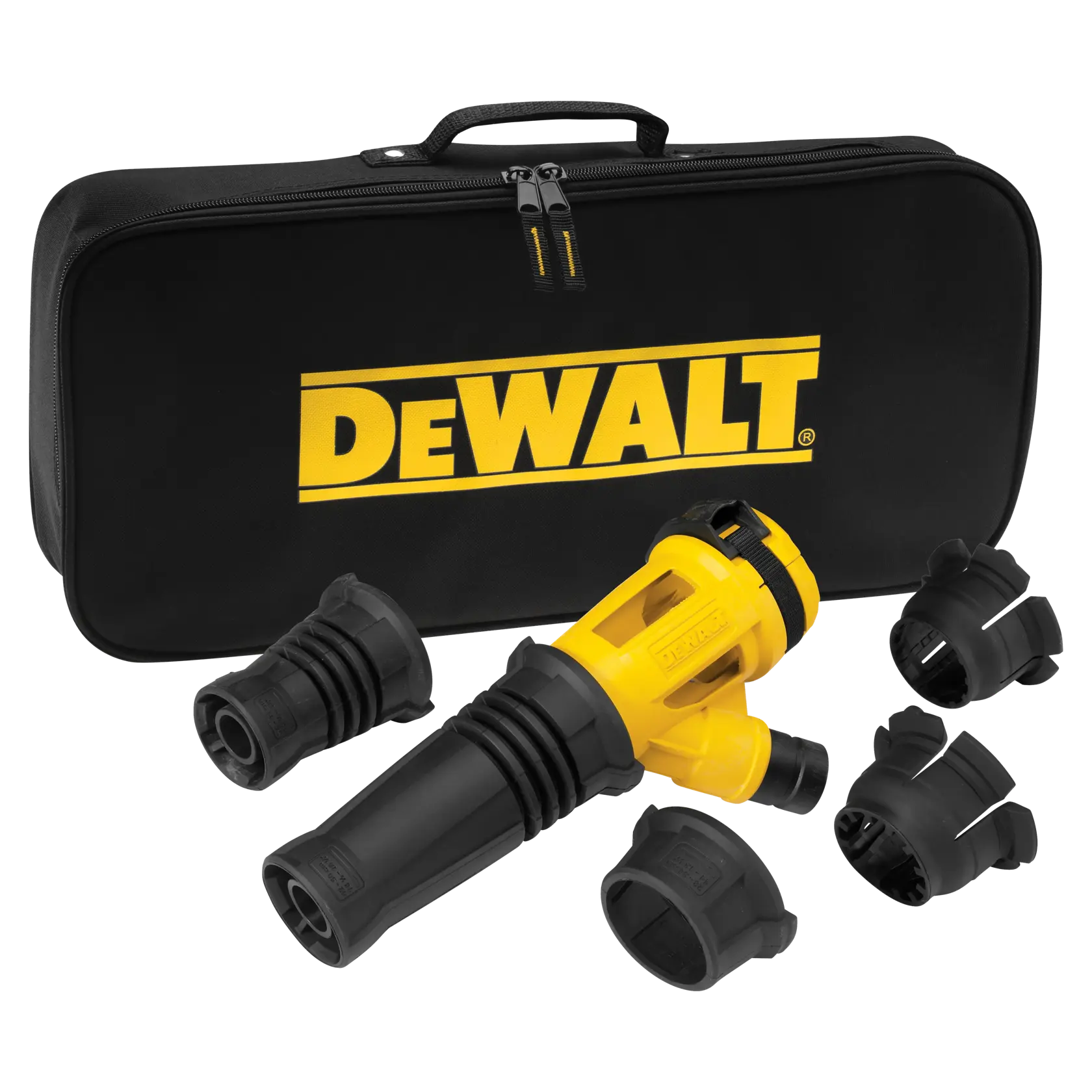 Kit DEWALT per estrazione polvere da trapano con accessori e custodia su sfondo bianco.