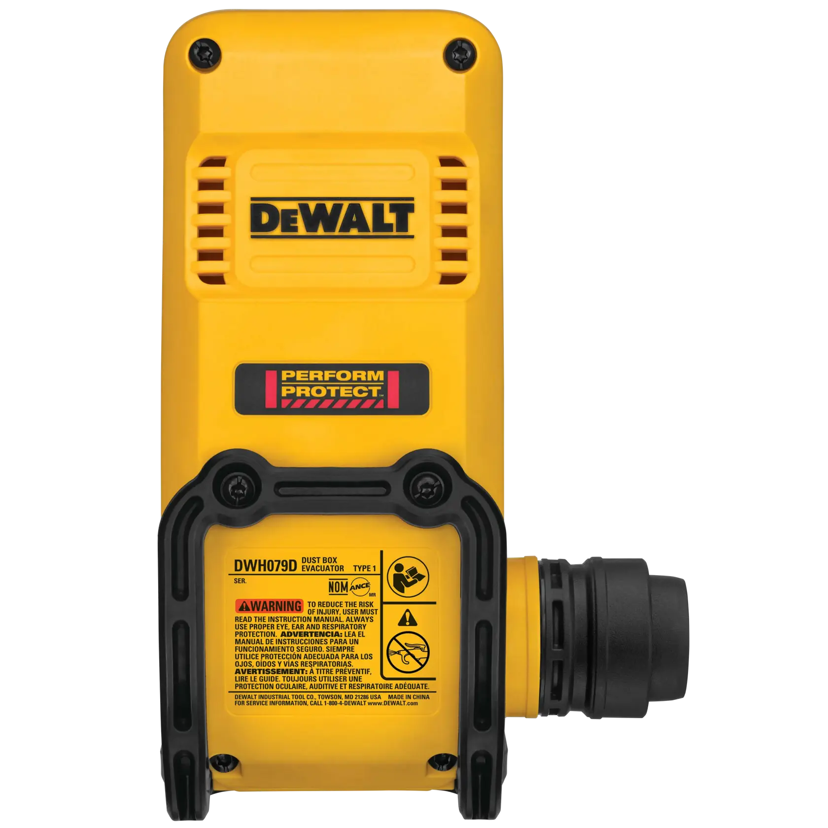 Vista frontale di un evacuator di scatola polveri DEWALT DWH079D, accessorio per la fotografia con corpo giallo, dettagli neri ed etichette di avviso.