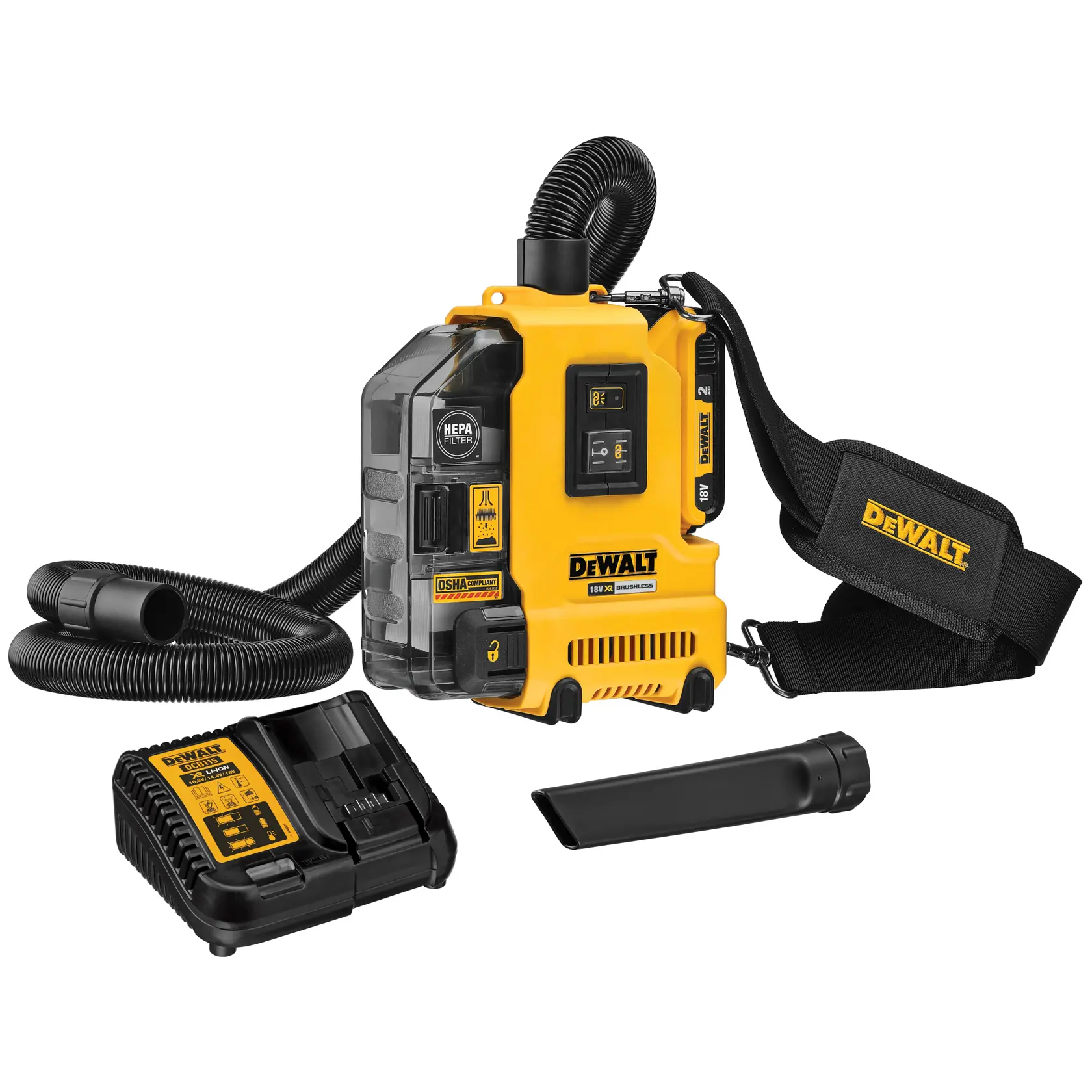 Aspiratore portatile DEWALT senza fili con tubo, caricatore, cinghia e bocchetta.