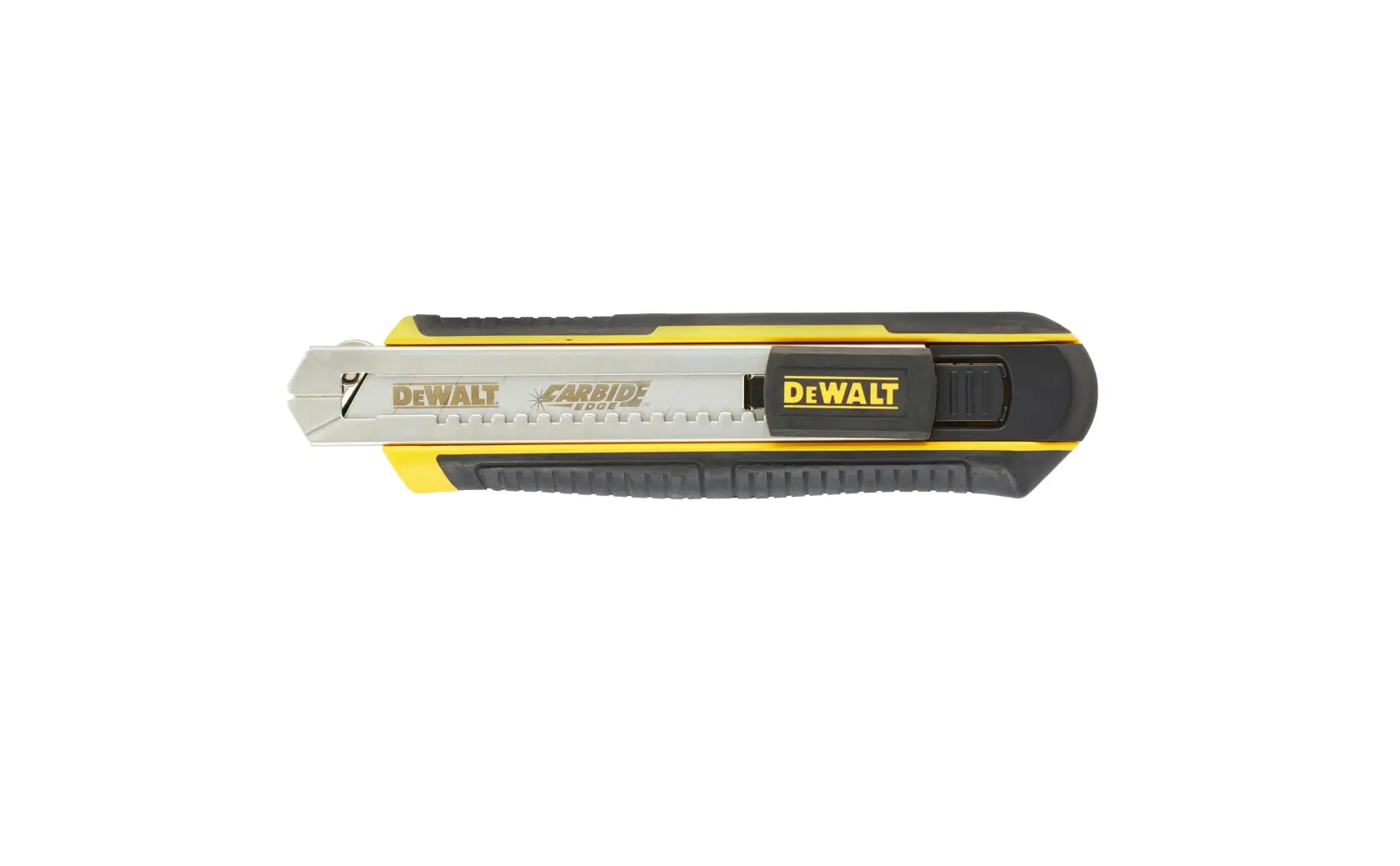 Taglierino DEWALT retraibile con impugnatura nera e gialla e lama in carburo adatto al taglio.