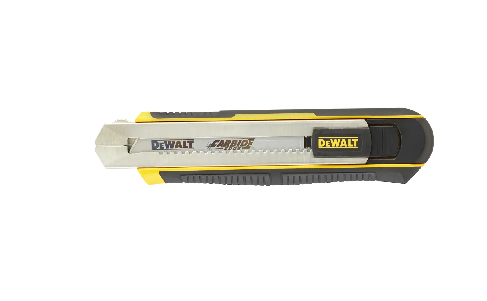 Coltello DEWALT con lama in carburo, manico nero e giallo, su sfondo bianco.