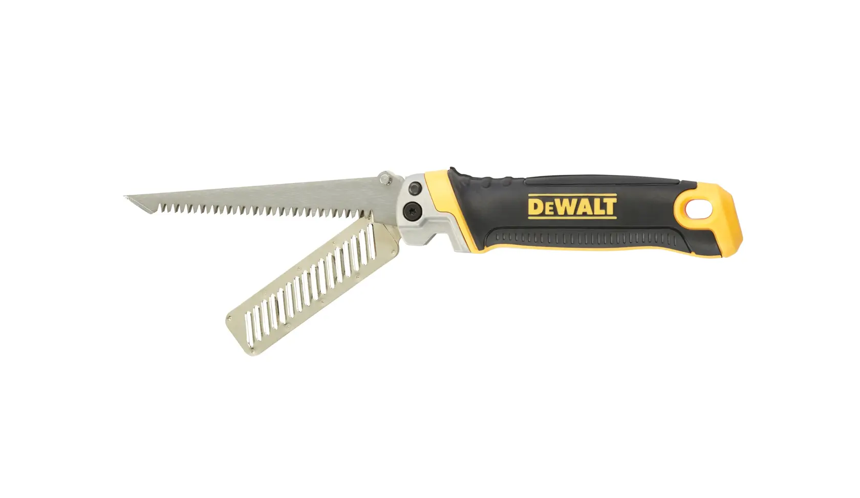 Seghetto pieghevole DEWALT per cartongesso con manico ergonomico e lama ausiliaria, nero e giallo.