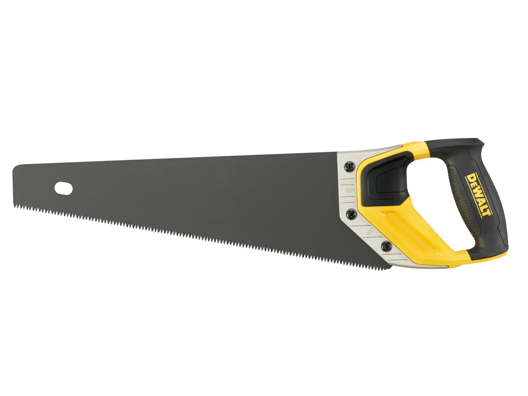 Seghetto DEWALT con lama nera e manico giallo, ideale per tagliare legno.