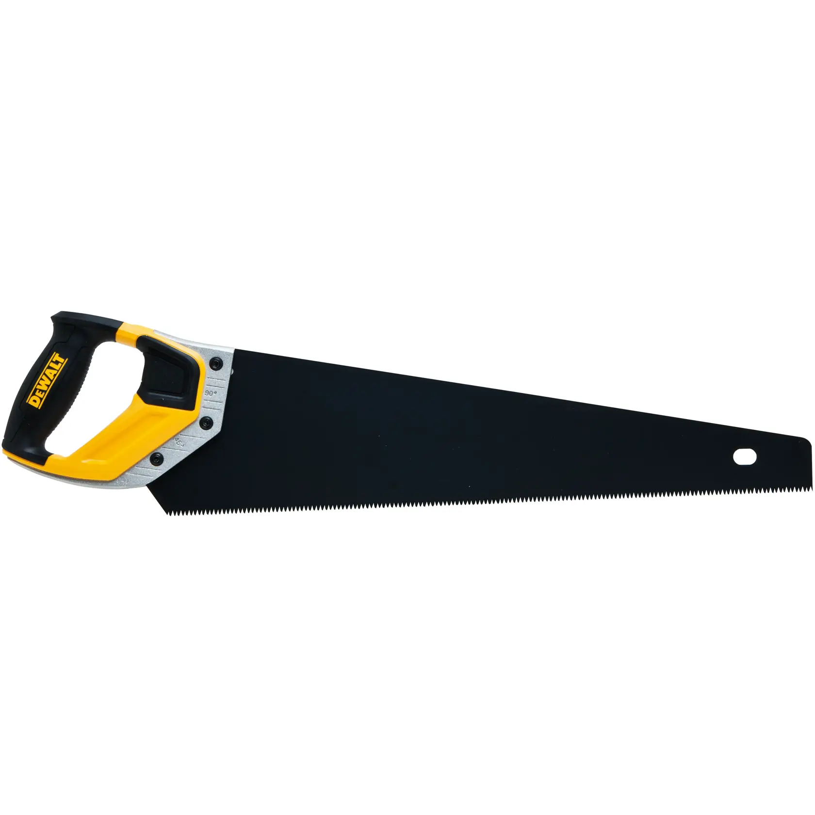 Sega manuale DEWALT con lama nera e manico giallo per lavori di falegnameria.