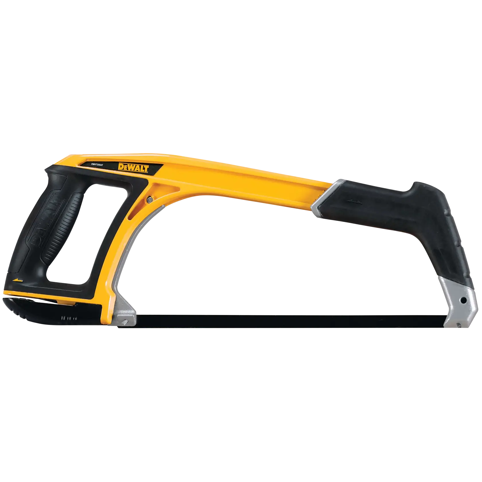 Un seghetto DEWALT con telaio giallo e nero, manico ergonomico e lama esposta, progettato per tagliare metallo e altri materiali.