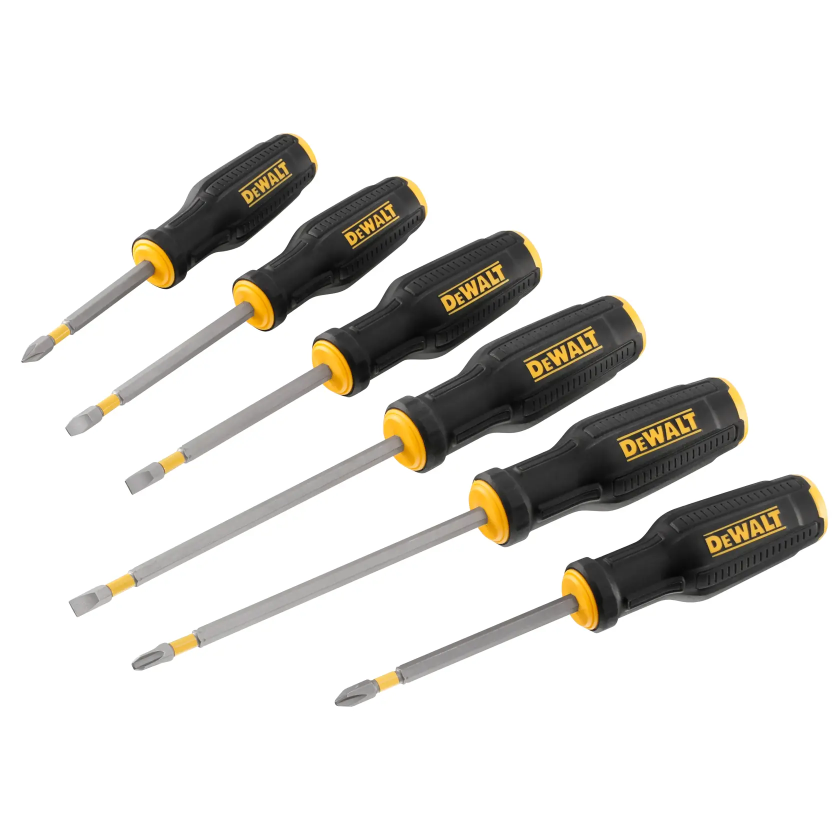 Sei cacciaviti DEWALT con manici neri e gialli, diverse misure e tipi su sfondo bianco.