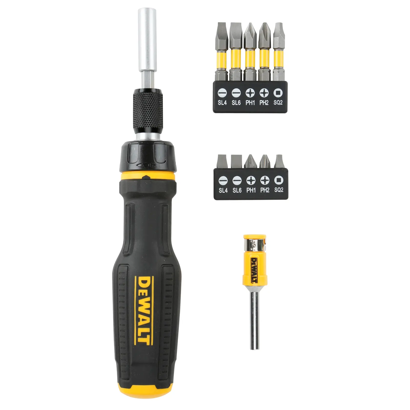 Cacciavite DEWALT con due set di inserti e una bussola, impugnatura nera e gialla, inserti per viti diverse.