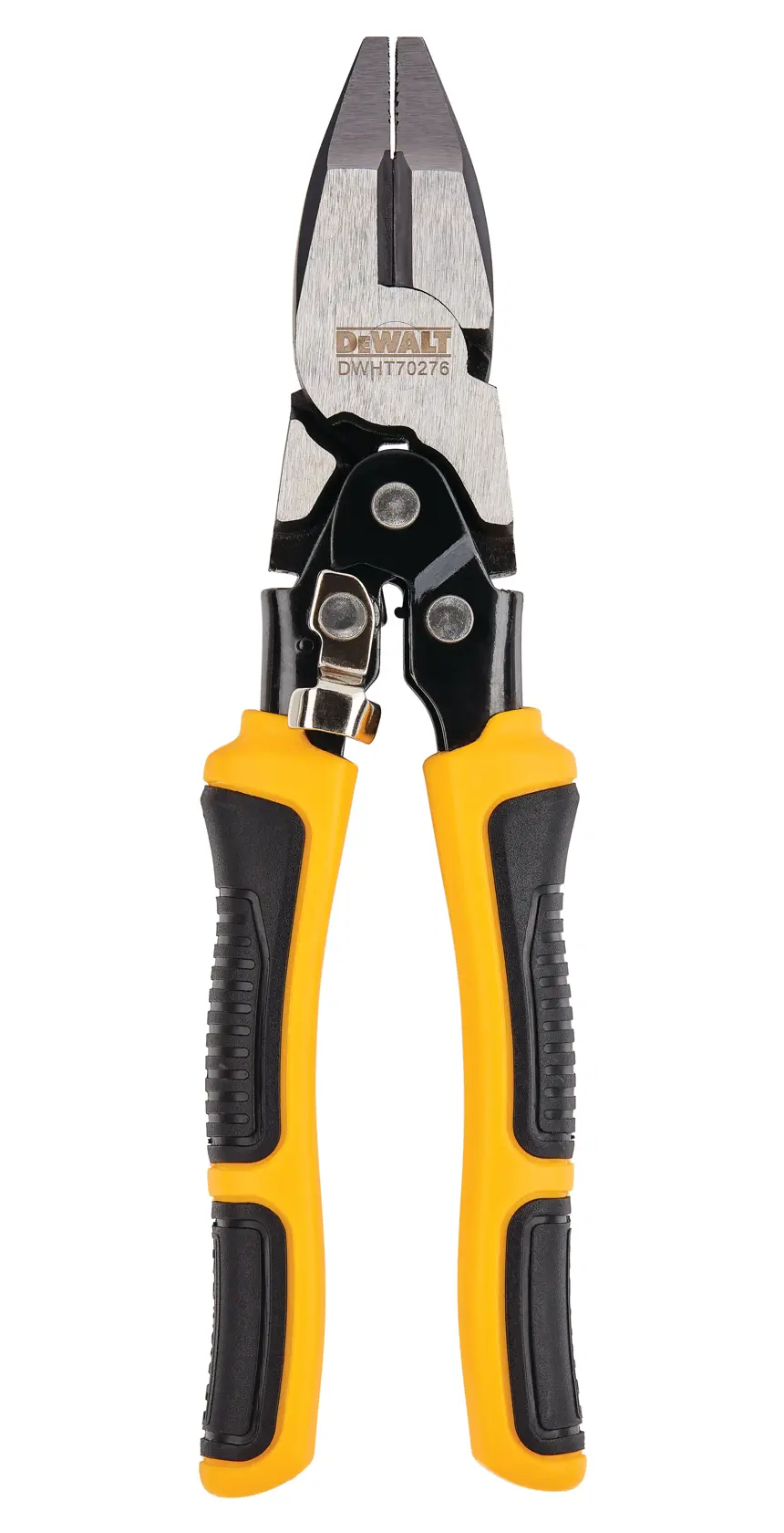 Cesoie DEWALT per metallo con manici gialli e neri, presentate verticalmente su sfondo bianco.