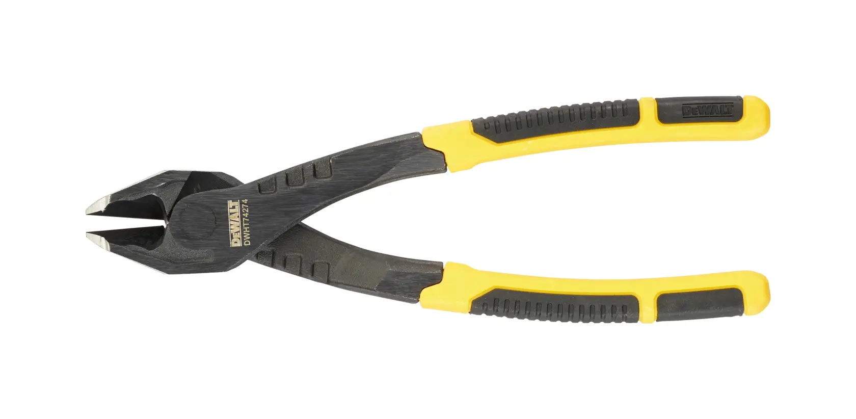 Pinza da taglio diagonale DEWALT con impugnature gialle e nere, per tagliare fili su sfondo bianco.