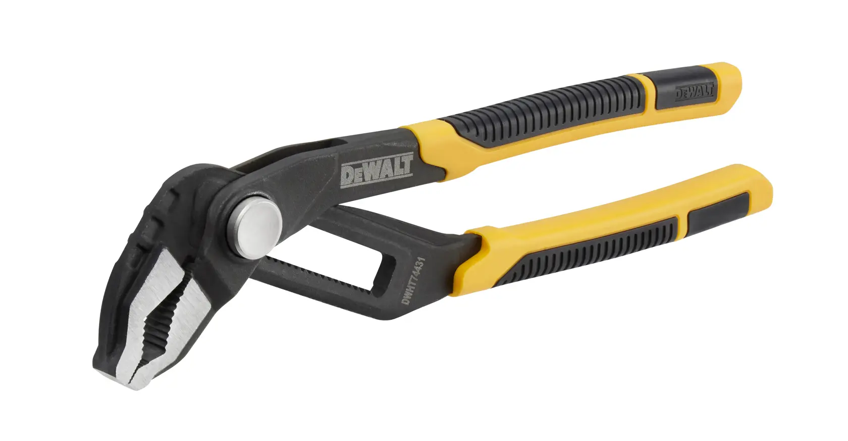 Pinza regolabile DEWALT con manico nero e giallo, ganasce angolate per afferrare oggetti.