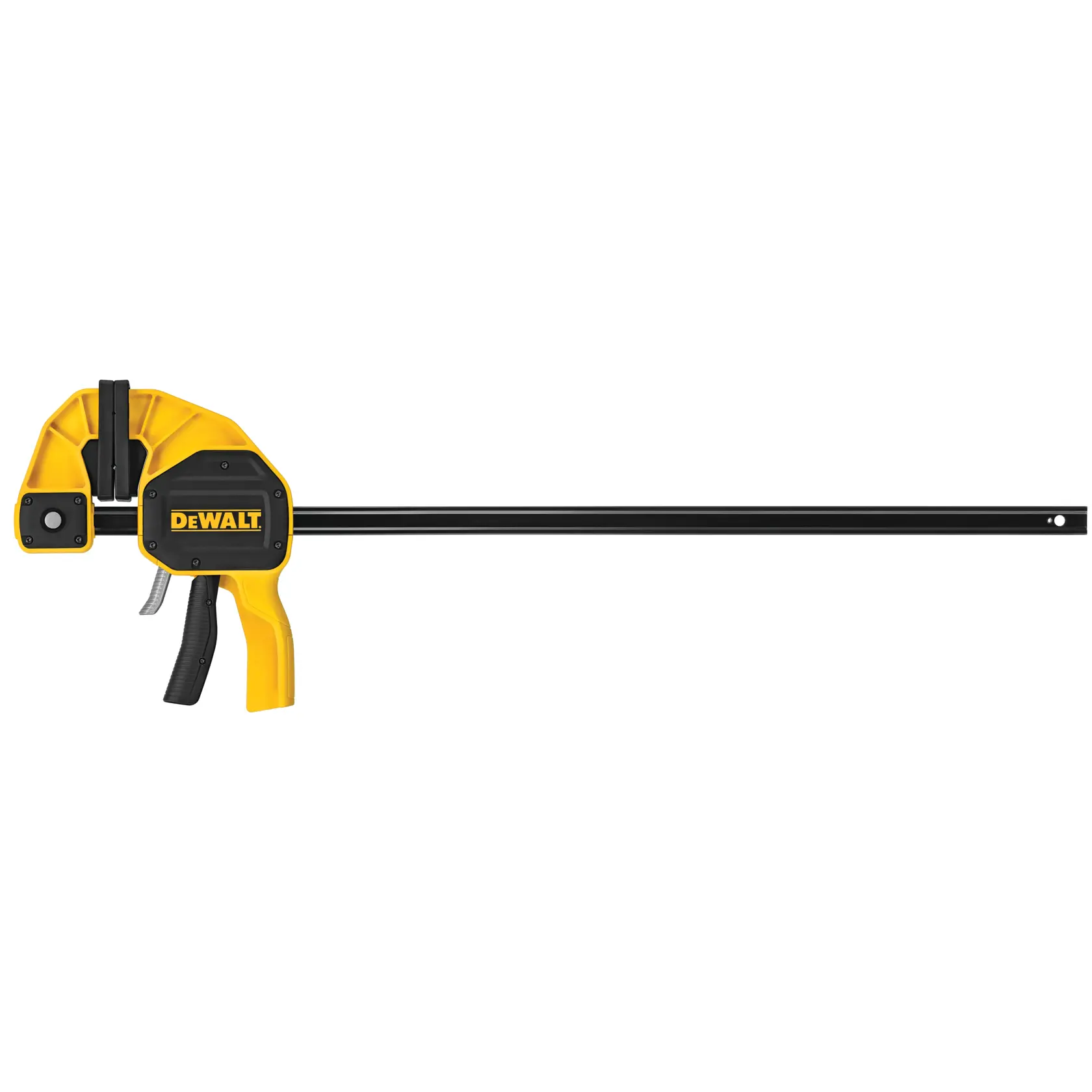 Morsa DEWALT gialla e nera, usata per fissare materiali nella lavorazione del legno.